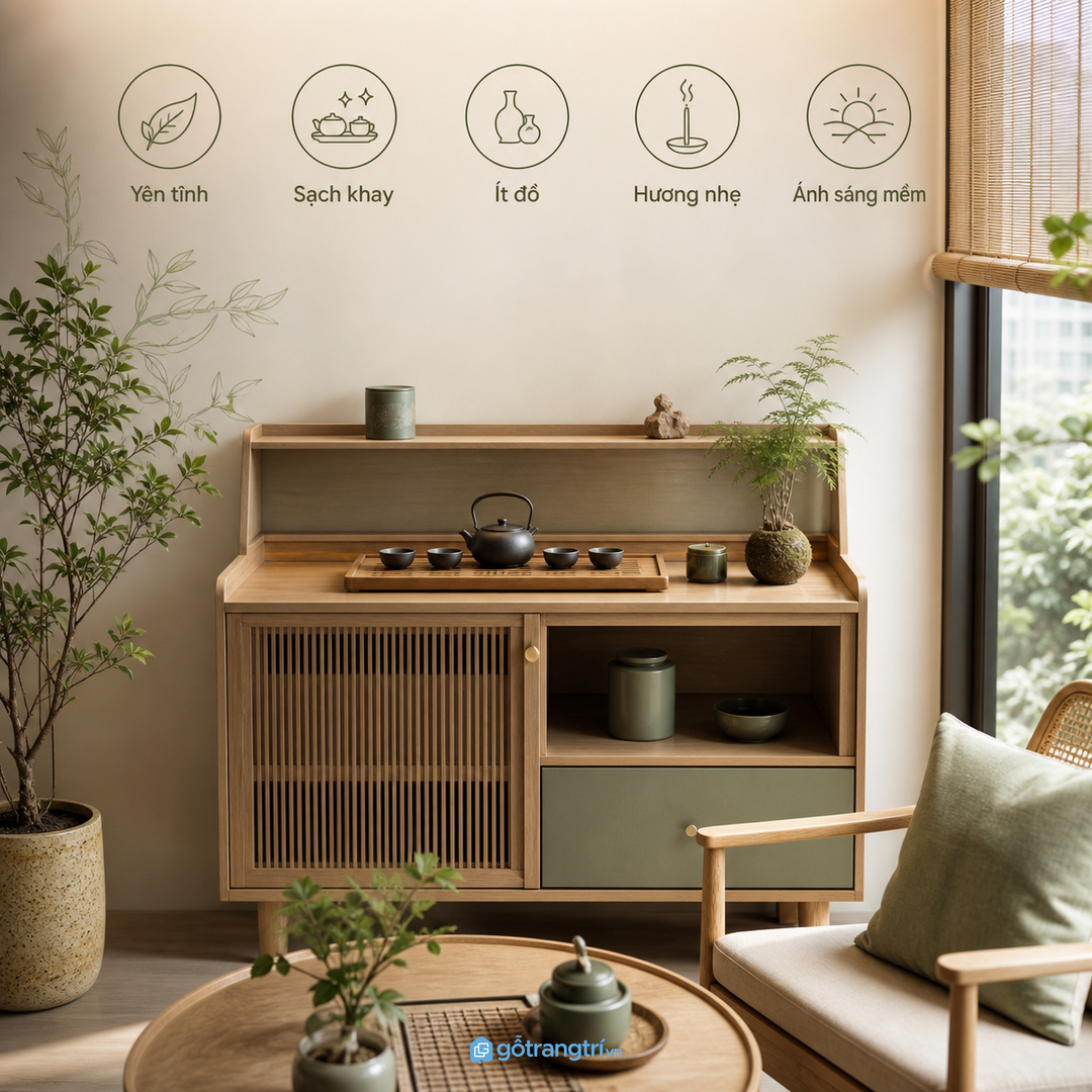 Góc trà cần yên và sạch để giữ cảm giác phong thủy nhẹ
