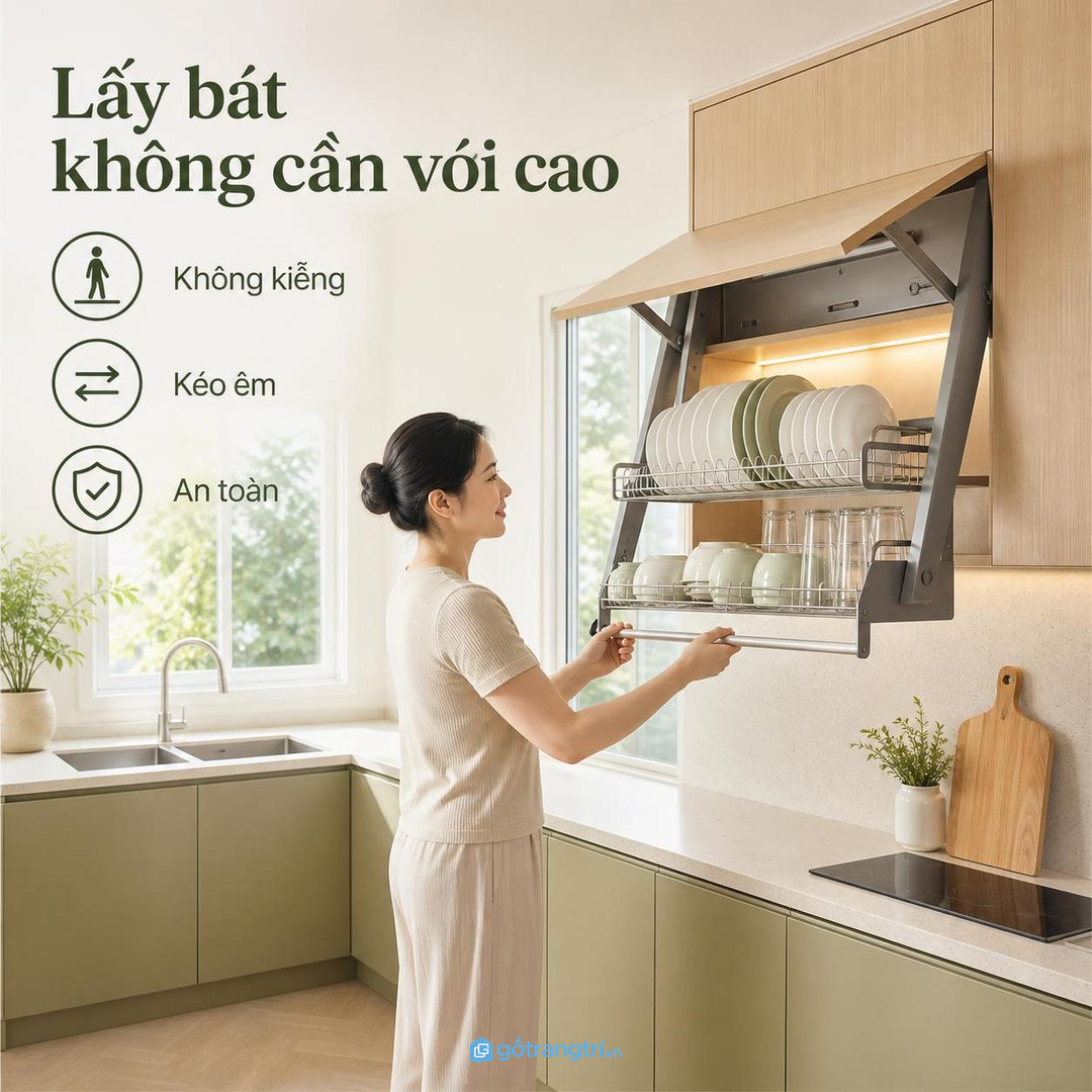 Tủ trên cao khó dùng nếu ngày nào cũng phải kiễng chân lấy bát