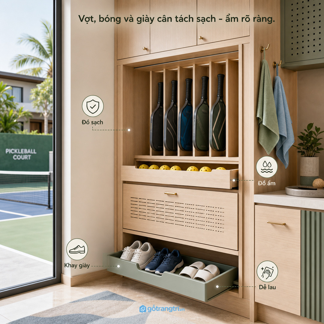 Tách đồ sạch đồ ẩm và phụ kiện nhỏ giúp khu thể thao biệt thự sạch hơn