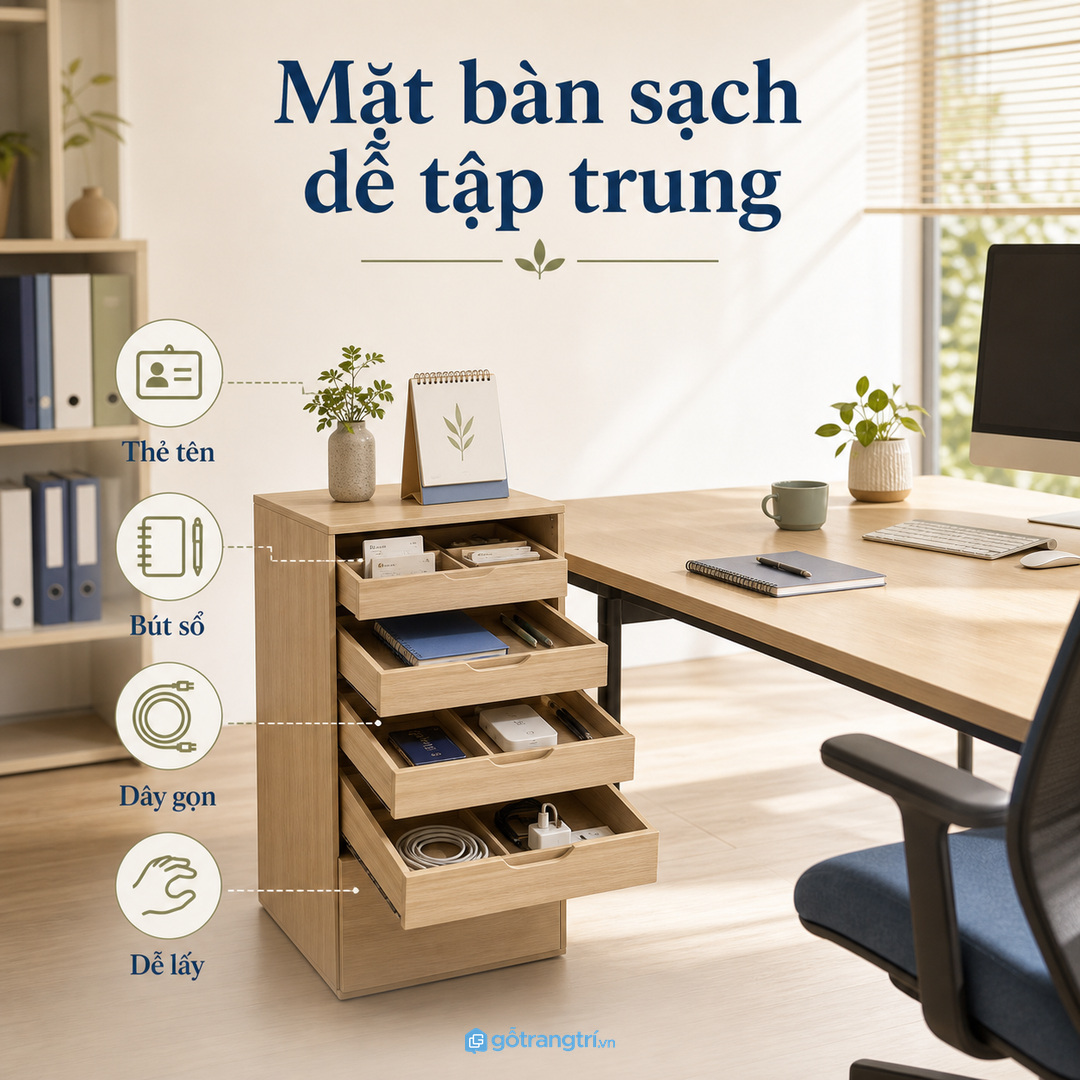 Ngăn nông giúp mặt bàn bớt dây sạc, bút sổ, thẻ ra vào và đồ nhỏ dễ thất lạc.