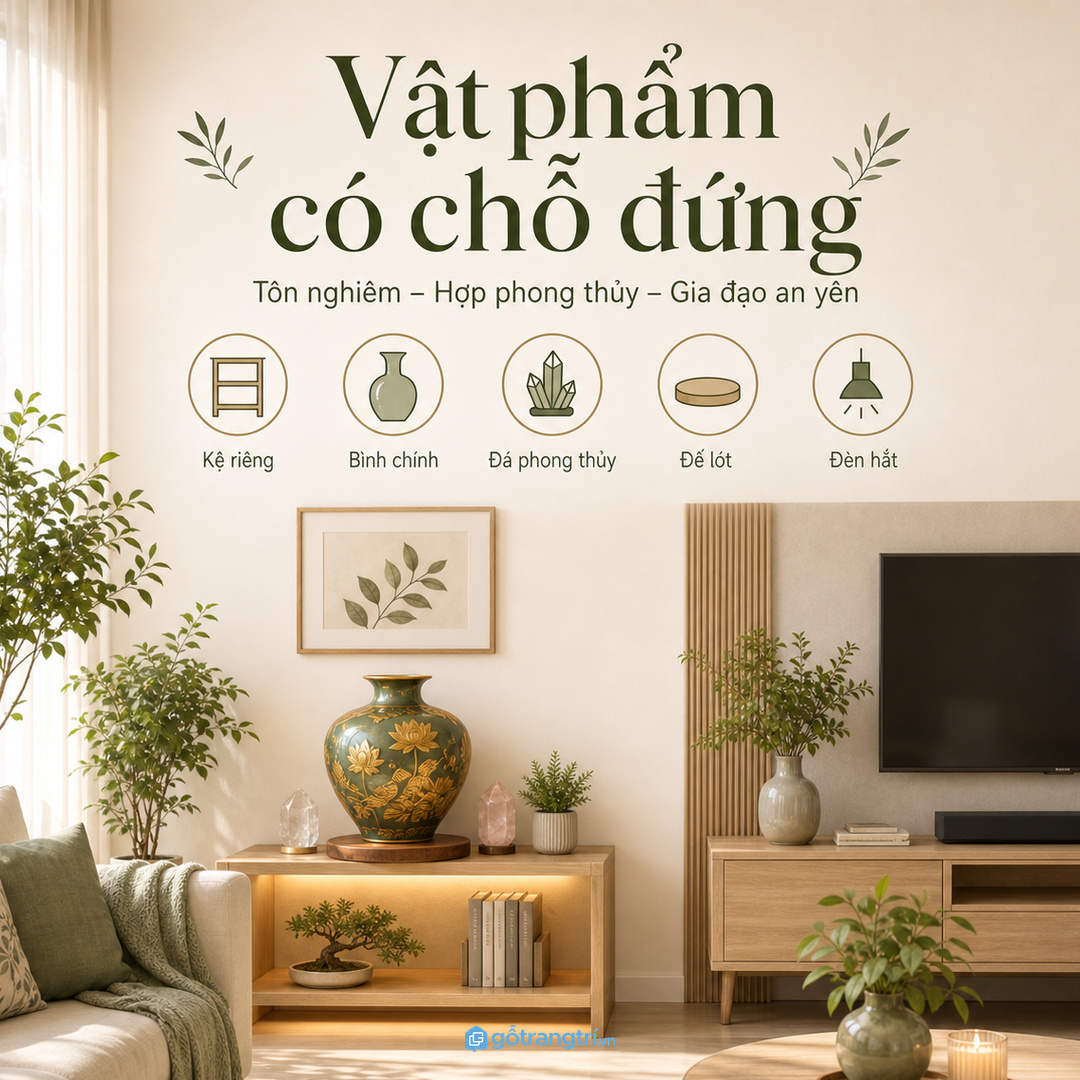 Kệ phong thủy nên giữ khoảng trống sạch thay vì chất đầy vật phẩm