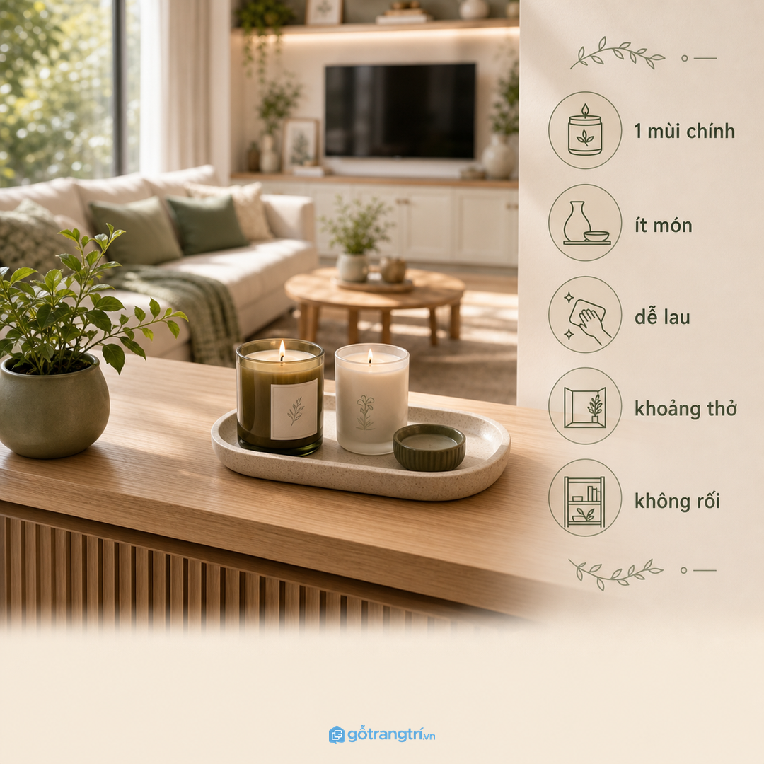 Góc nến ít món giúp phòng khách có khoảng thở và dễ lau