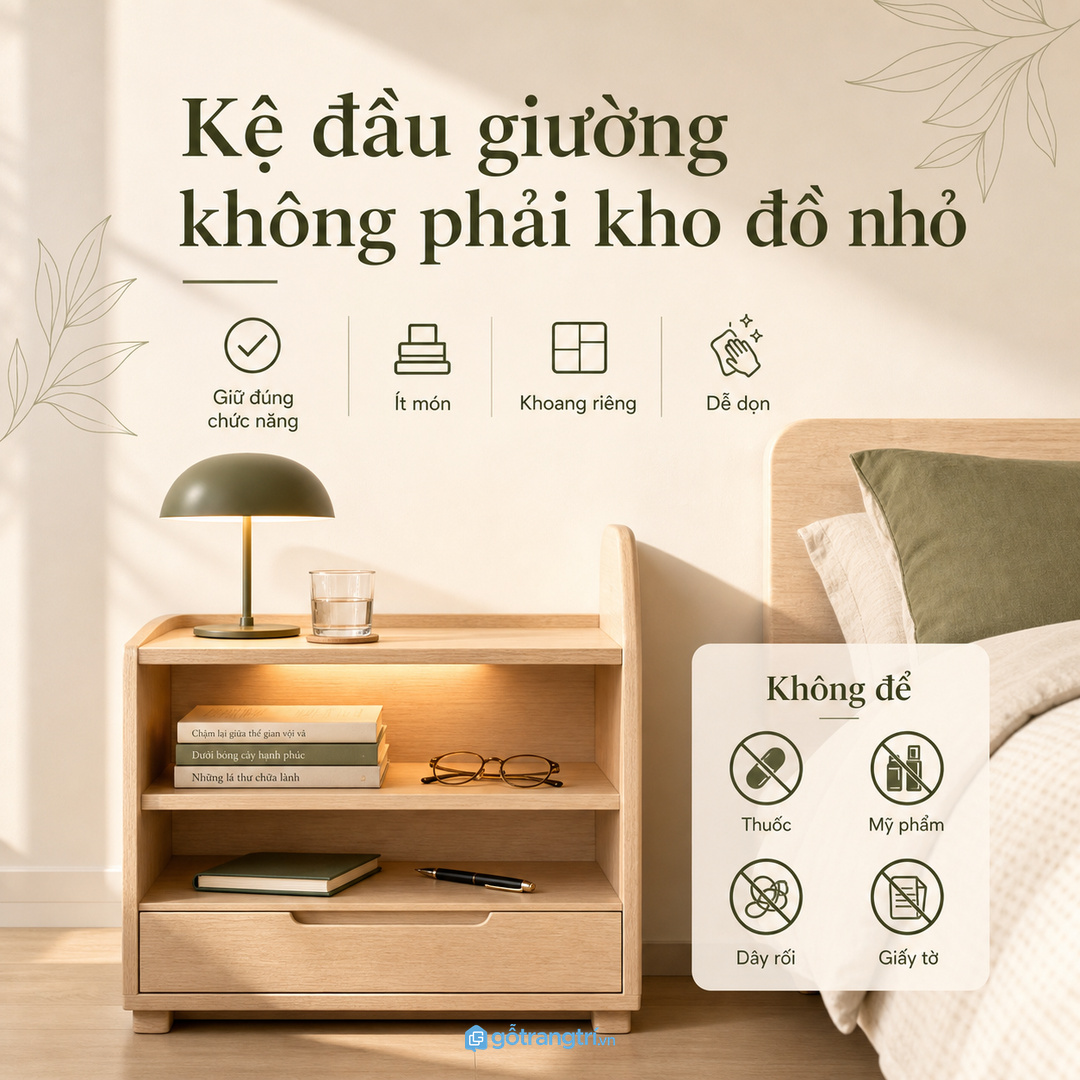 Không nên biến kệ đầu giường thành nơi chất mọi đồ cá nhân