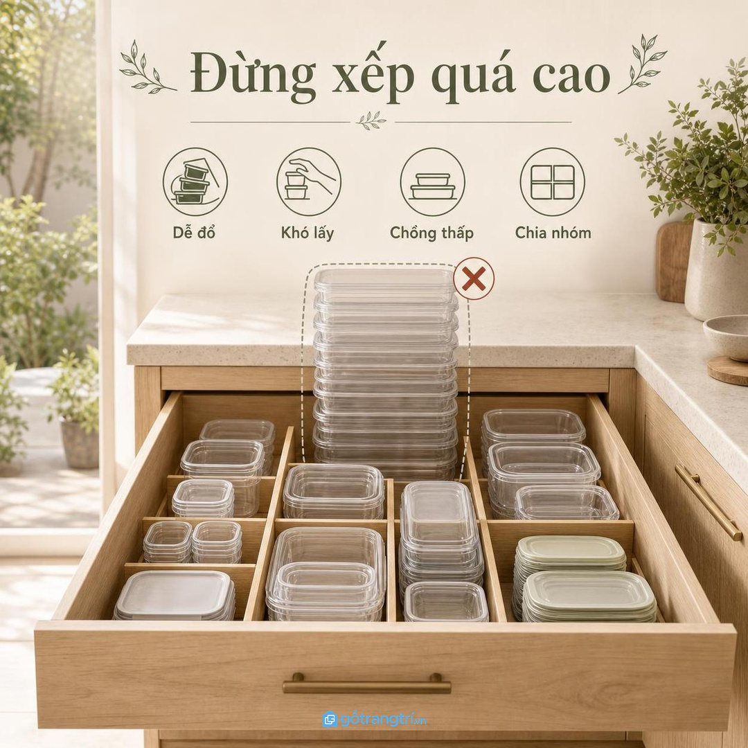 Xếp chồng quá cao làm hộp nhựa khó lấy và dễ đổ trong ngăn tủ