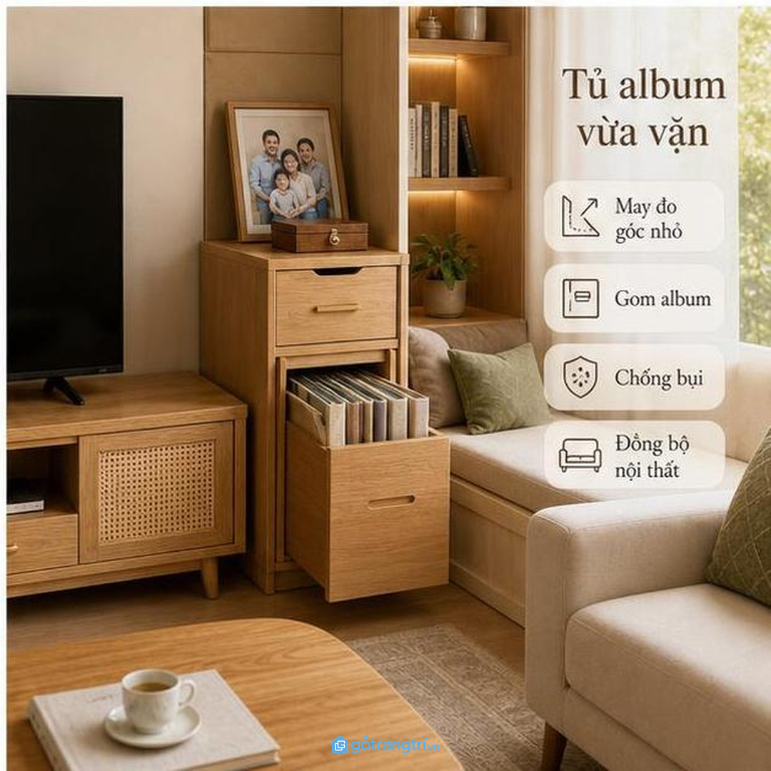 Tủ album nên vừa cất kín vừa có góc trưng bày nhẹ nhàng