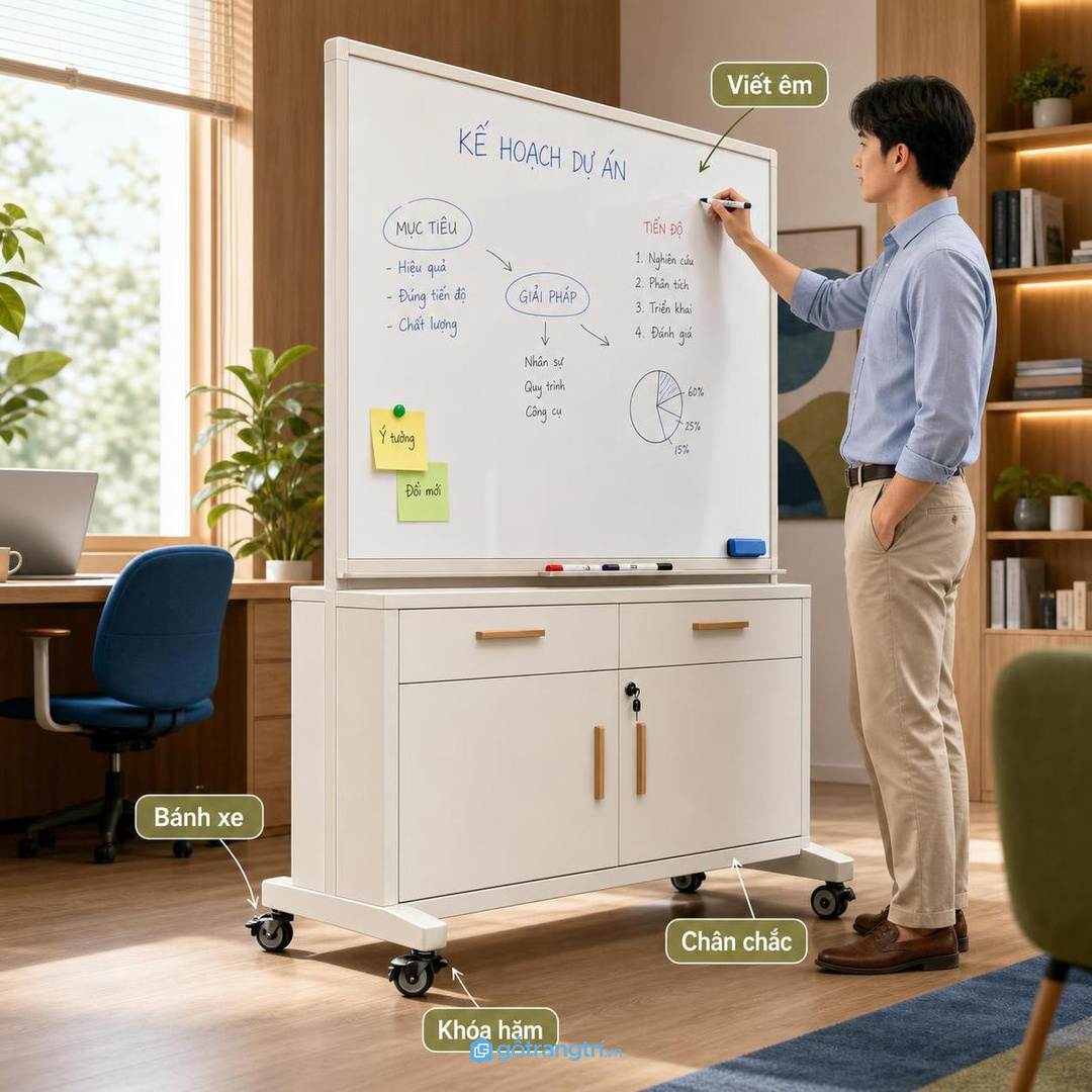 Bánh xe, khóa hãm và chân đế chắc giúp bảng đứng ổn khi viết hoặc thuyết trình