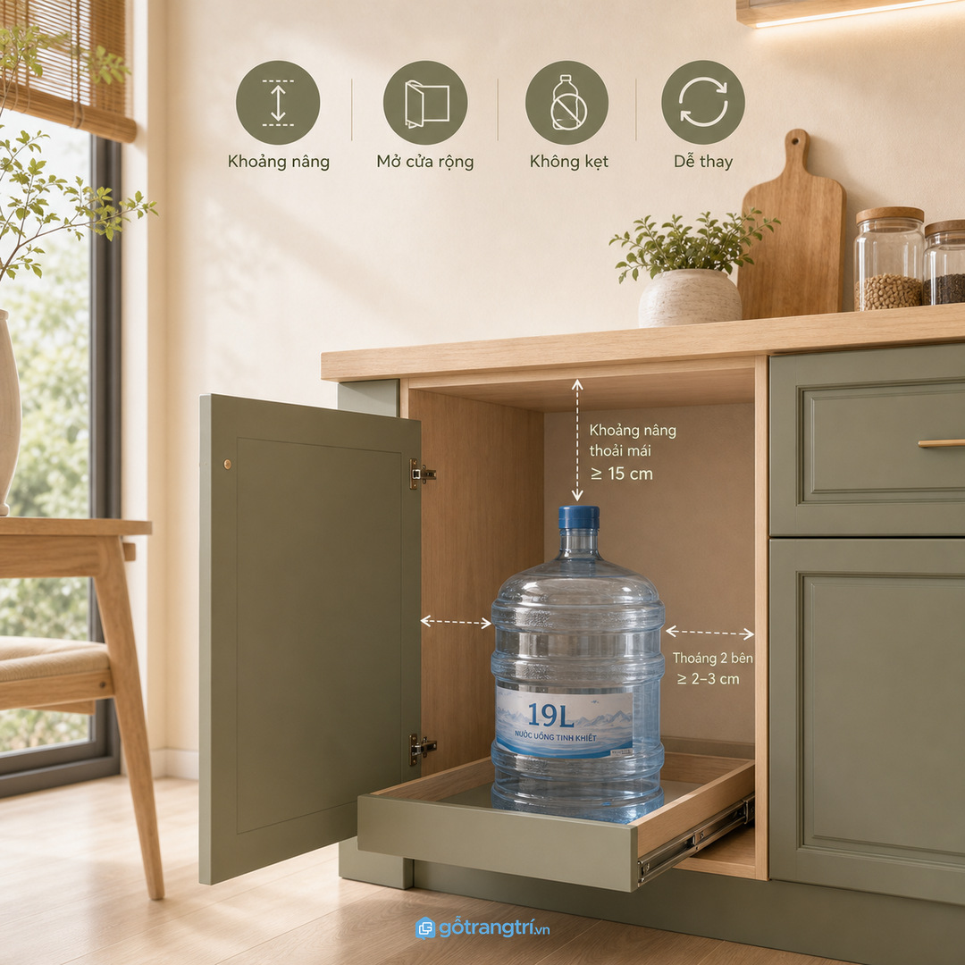 Tủ bình nước cần đủ khoảng thao tác chứ không chỉ vừa kích thước bình