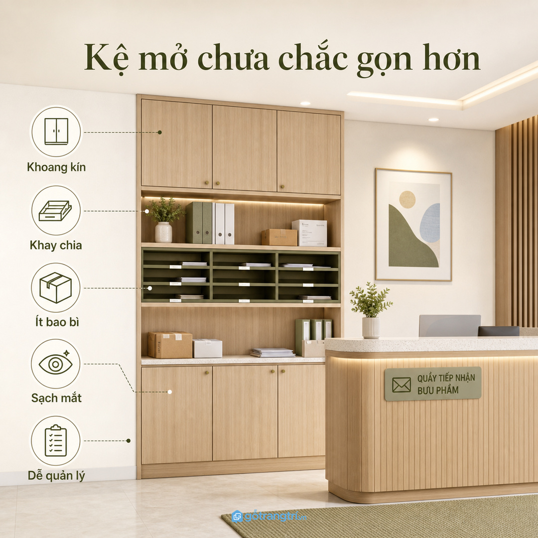 Tủ bưu phẩm cần cân bằng khoang mở và khoang kín để quầy lễ tân sạch mắt