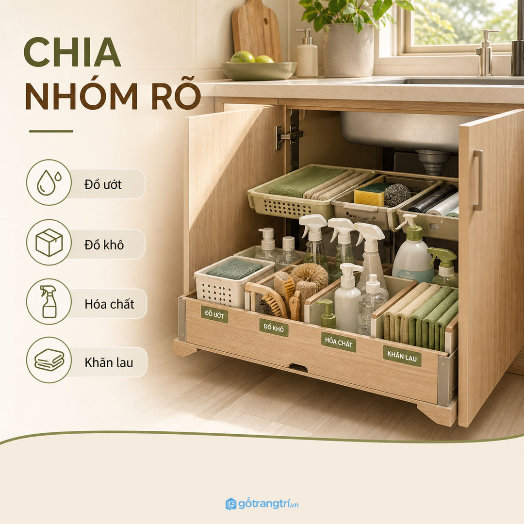 Chia riêng chai tẩy rửa, khăn microfiber và bàn chải nhỏ để bếp sạch lâu