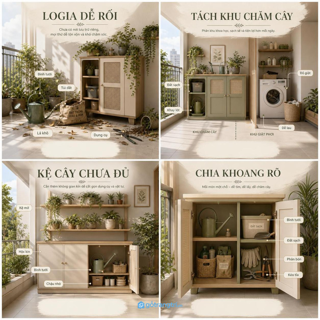 Nhiều người chỉ thêm kệ cây mà quên chỗ cất đồ chăm cây phía sau