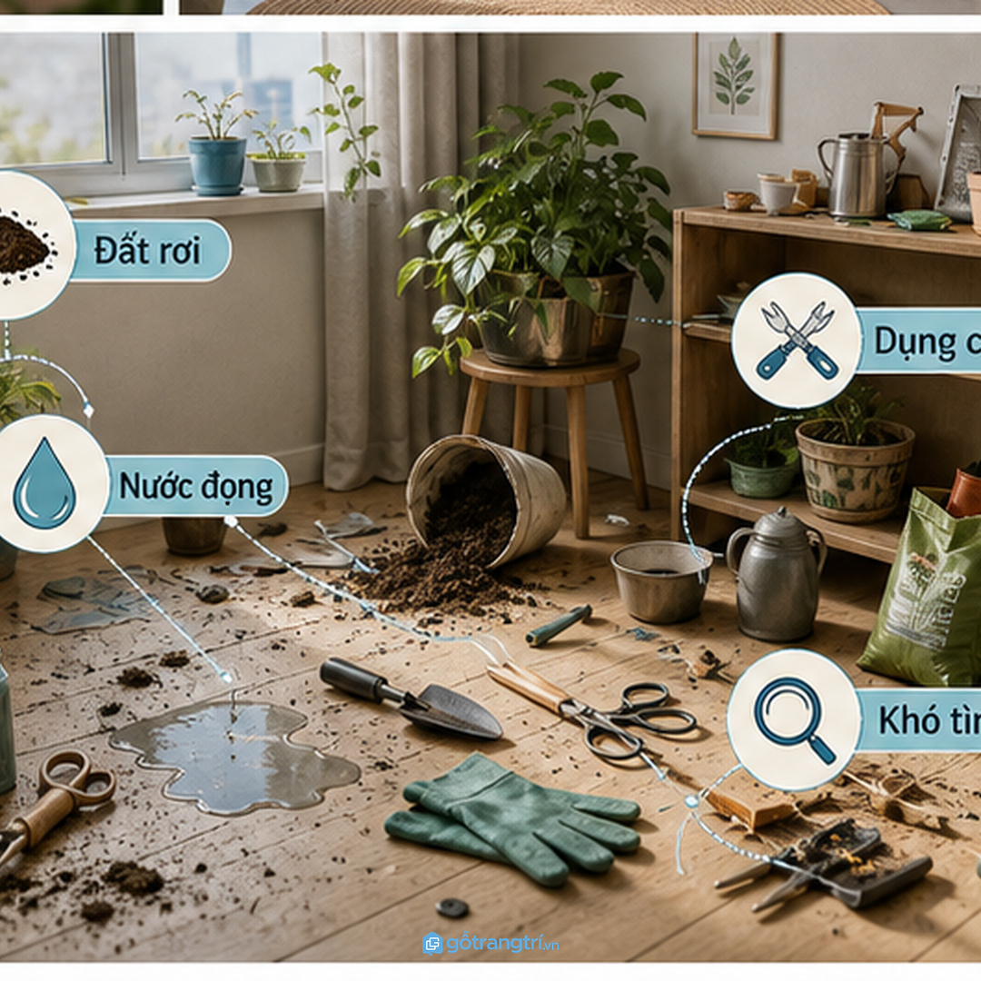 Góc chăm cây nên đặt gần ánh sáng nhưng không chắn lối đi trong nhà nhỏ