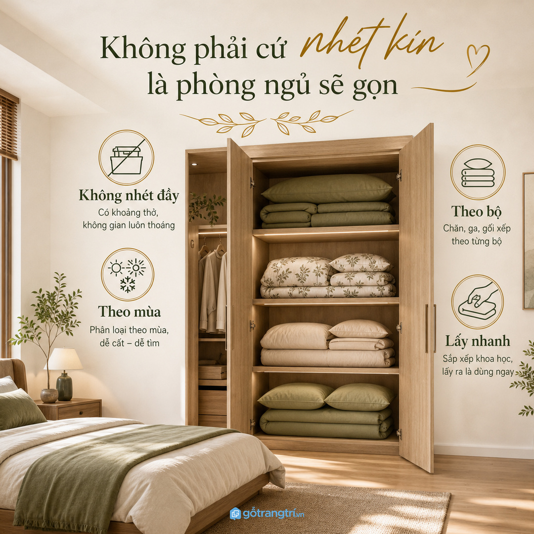 Tủ chăn ga gối nên chia theo bộ, theo mùa và giữ khoảng thở