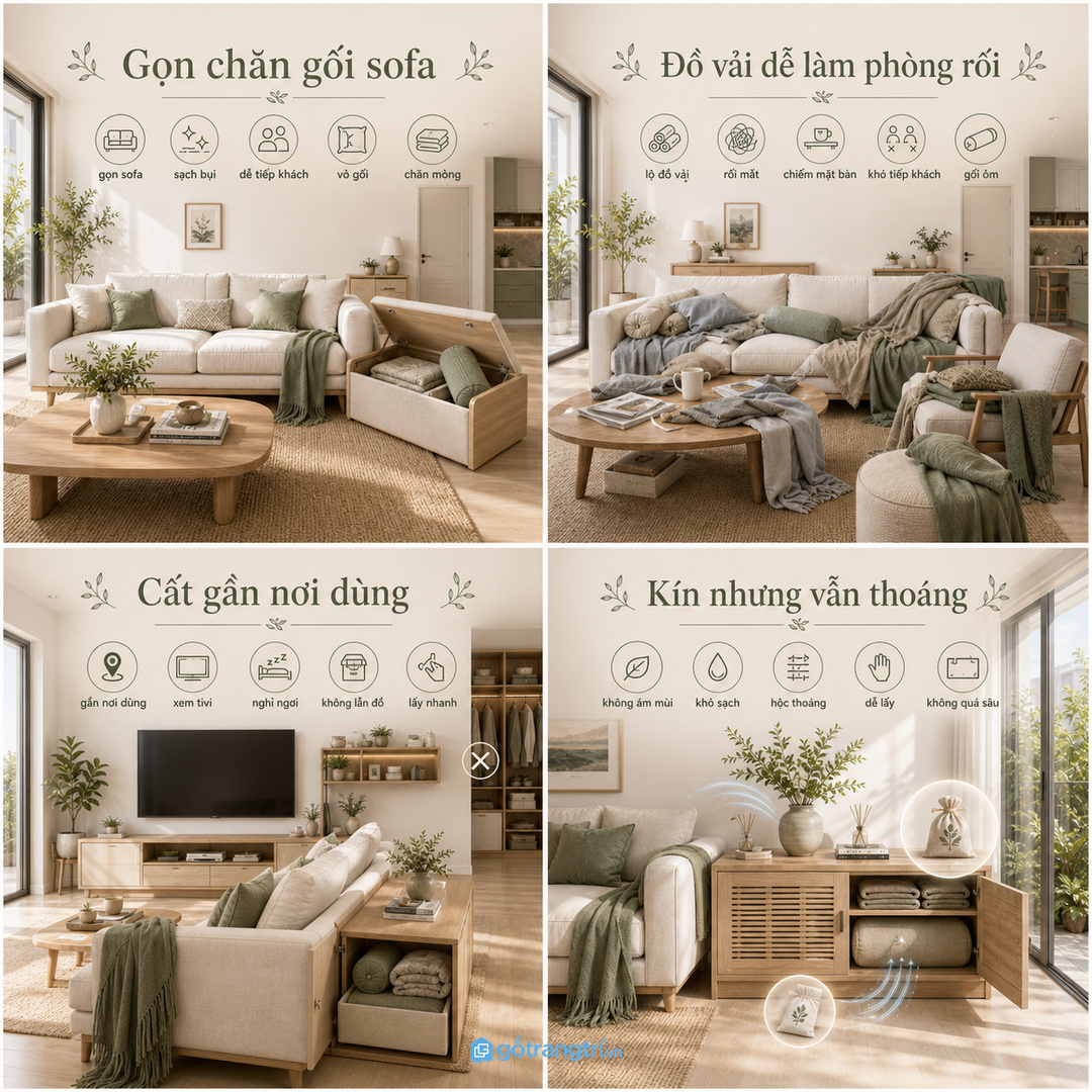 Cất chăn gối quá kín hoặc quá sâu có thể gây mùi và khó lấy khi cần
