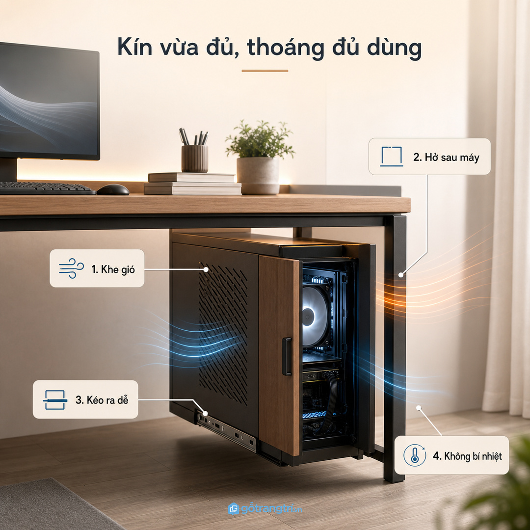 Tủ CPU kín vừa đủ giúp giấu máy mà không làm thiết bị bí nhiệt