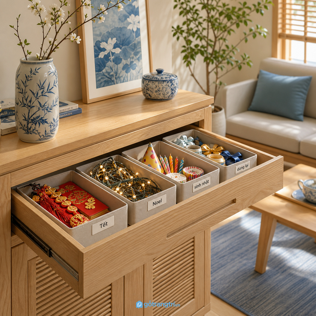 Hộp nhãn Tết, Noel, sinh nhật giúp phụ kiện cũ dễ tìm lại khi cần đổi mùa.
