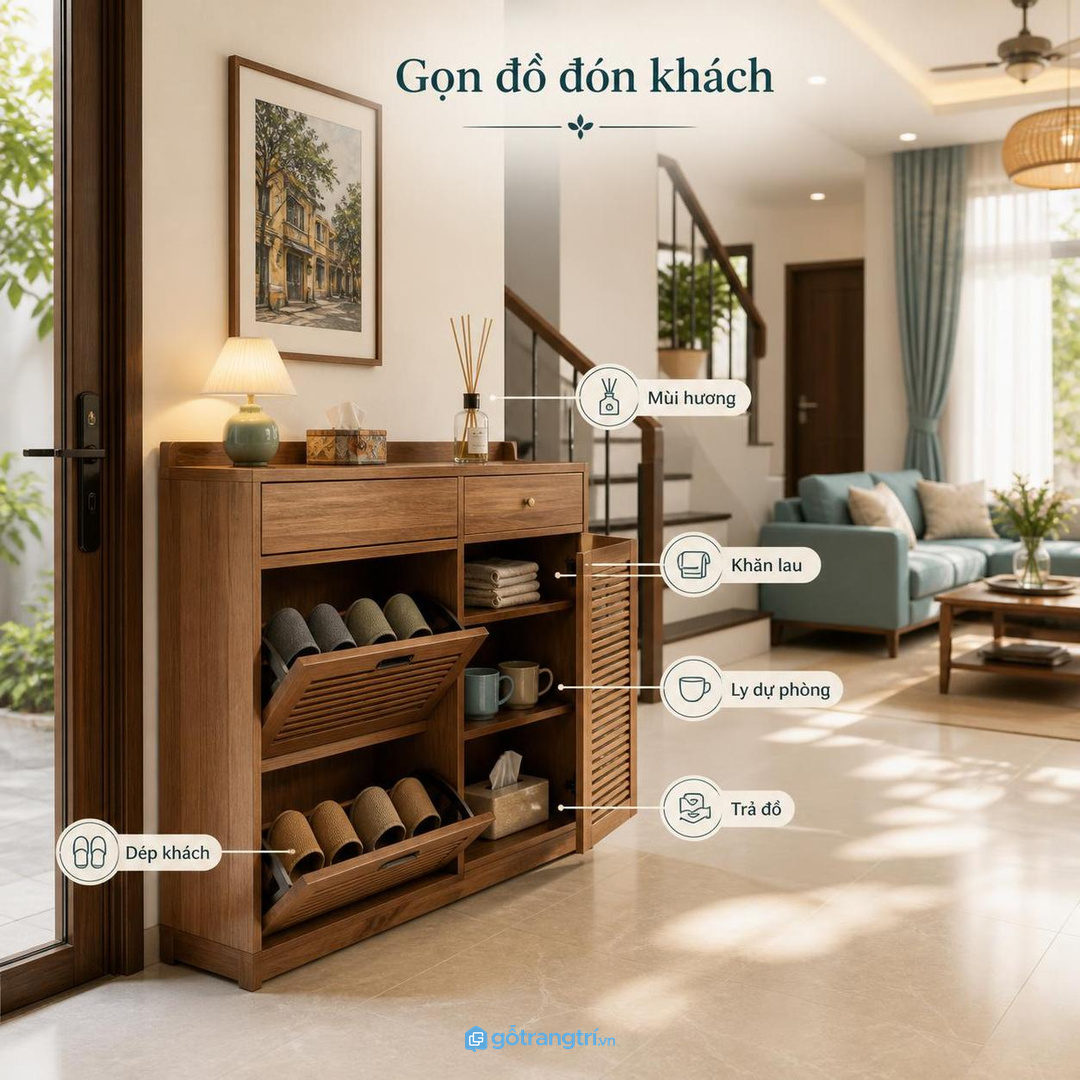 Một tủ nhỏ đúng vị trí giúp chủ nhà đón khách chủ động hơn