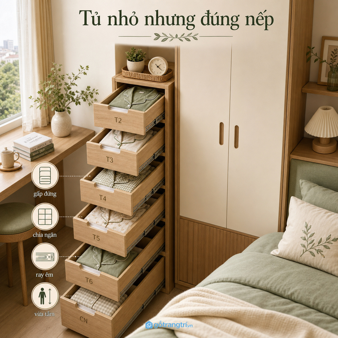 Khoang đồ ngủ nên ưu tiên vải mềm ít nhăn khô thoáng và đóng mở êm