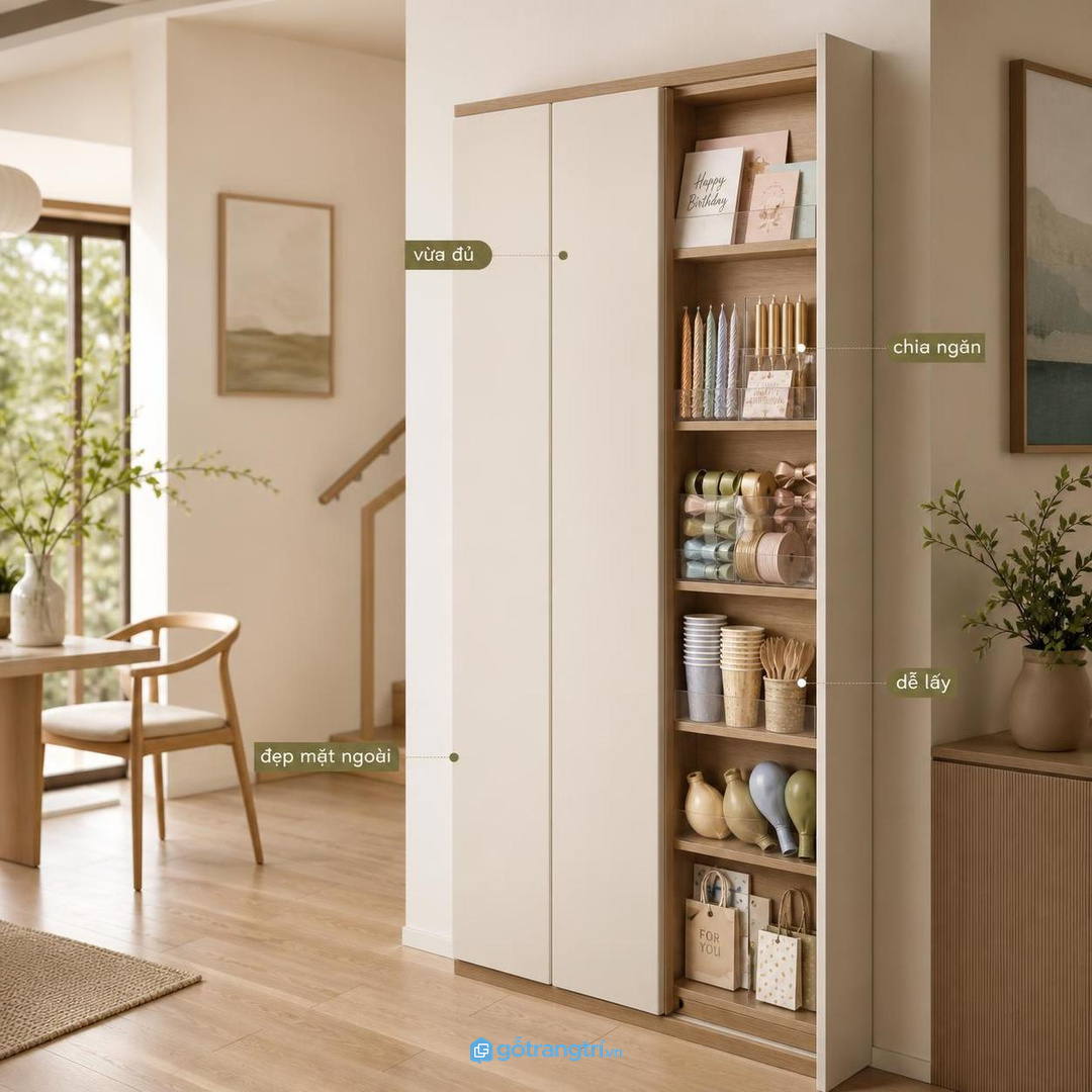 Tủ sinh nhật không cần quá lớn, chỉ cần chia ngăn vừa đủ và dễ lấy