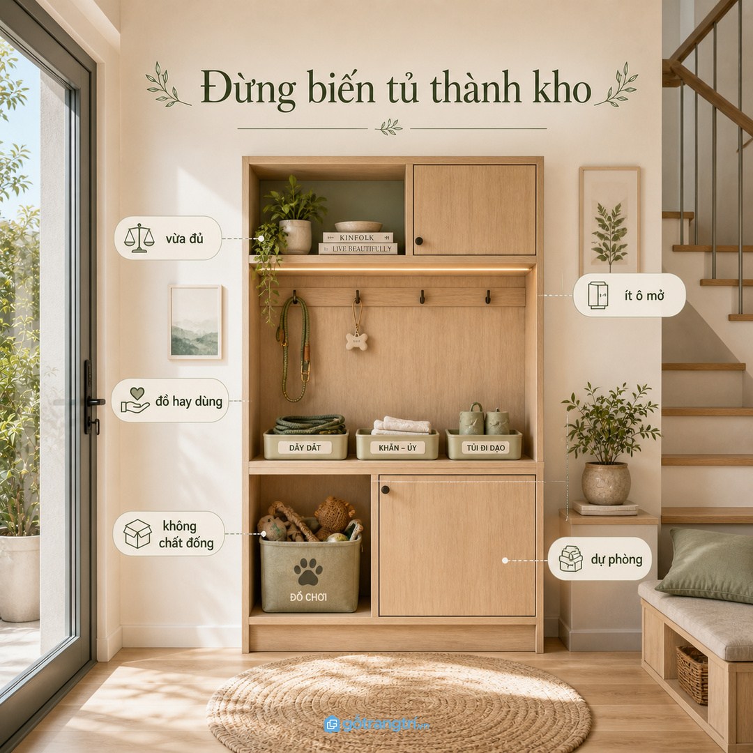 Ghế băng lau chân thú cưng nên vừa đủ, không biến thành kho chứa đồ lặt vặt