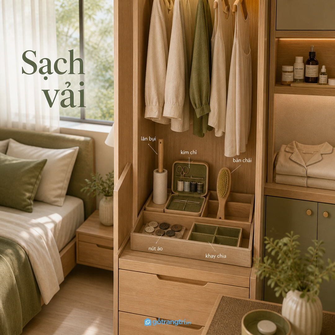 Đo lăn bụi, hộp kim chỉ, bàn chải và phụ kiện trước khi chia khoang