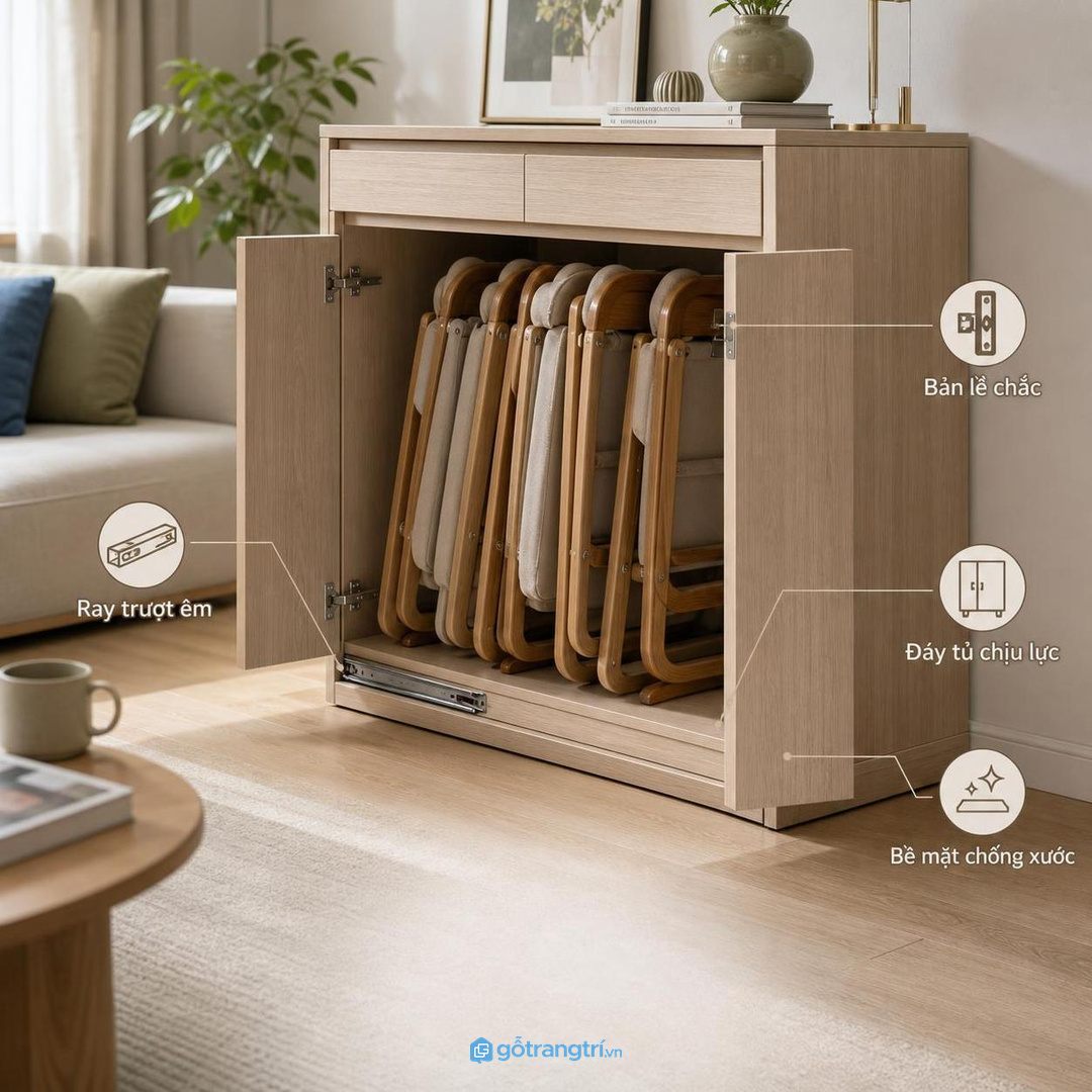 Tủ cất ghế gấp không phải cứ làm thật kín là tiện dùng