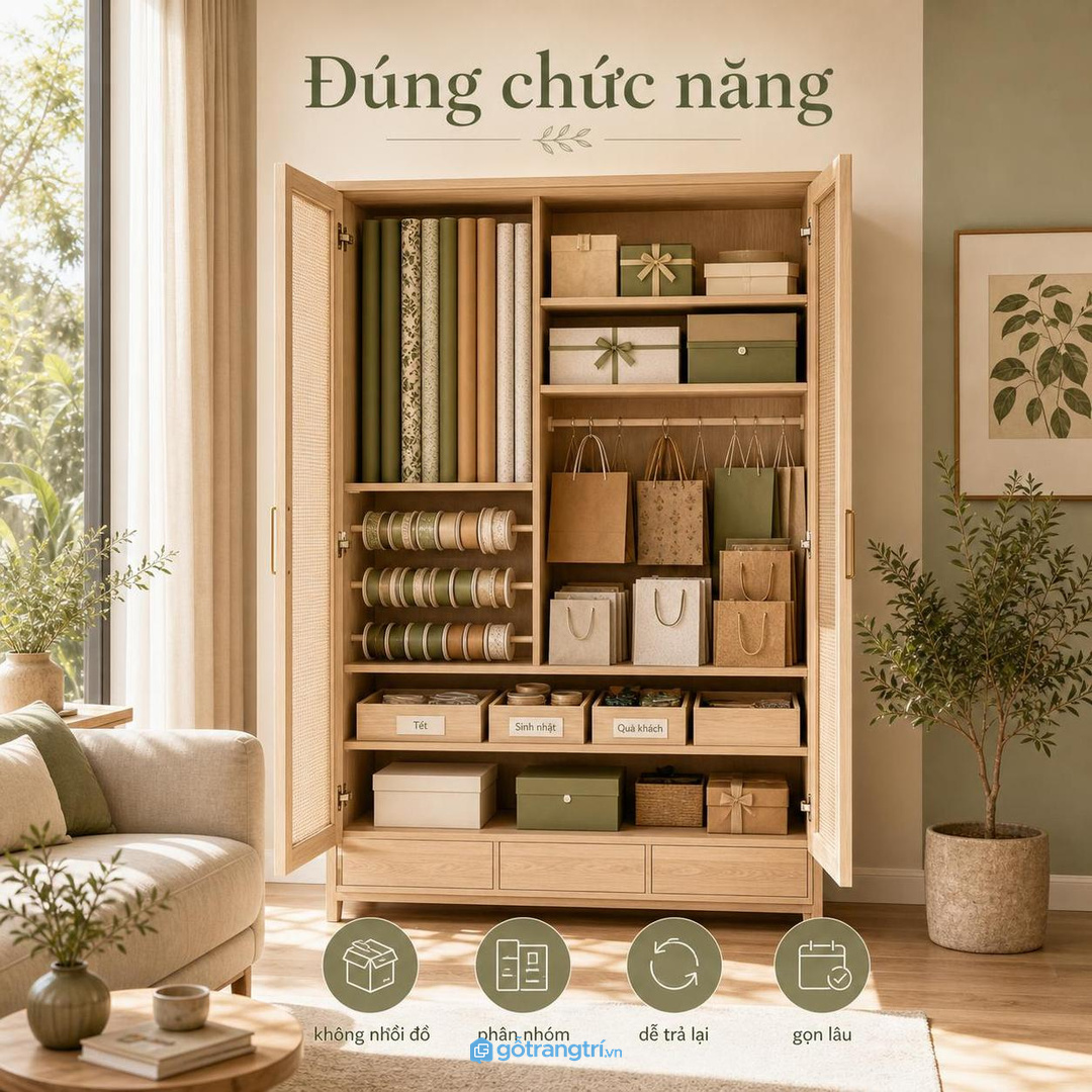 Đừng biến tủ giấy gói quà thành kho đồ lễ lộn xộn