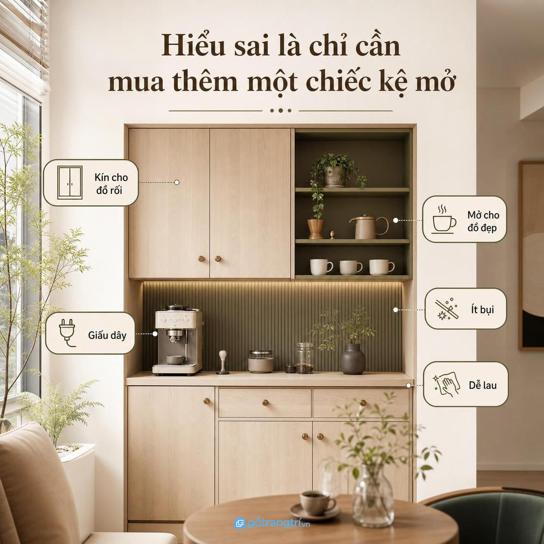 Tủ góc cà phê nên cân bằng phần kín và phần mở