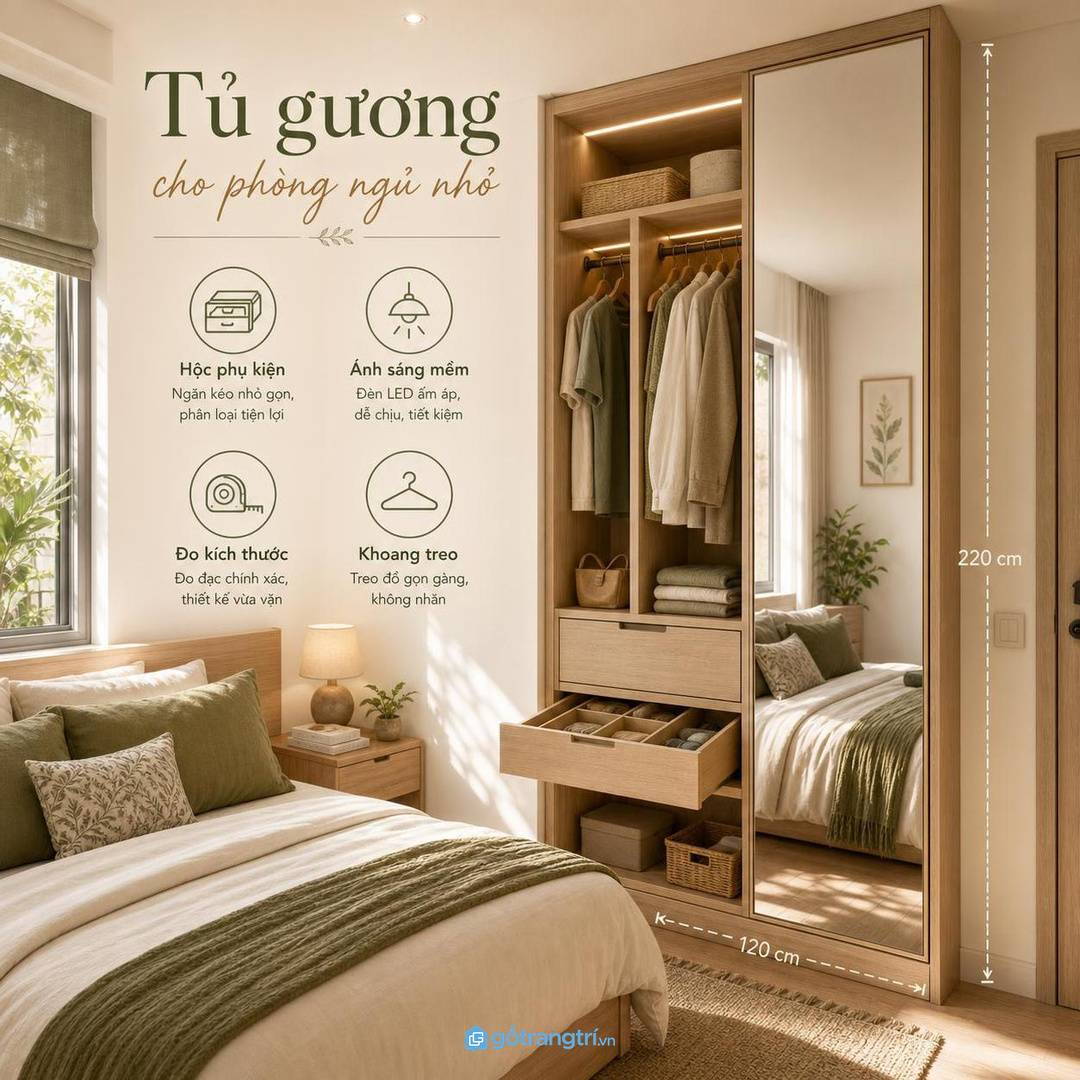 Ánh sáng quanh gương quyết định màu áo và cảm giác phòng ngủ mỗi sáng