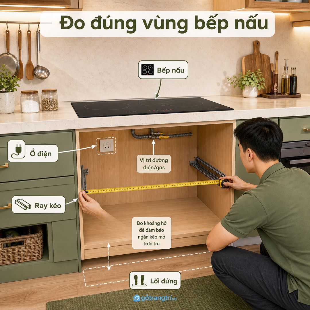 Đo đúng vùng bếp nấu trước khi chia khay, hộc kéo và khoảng mở cánh