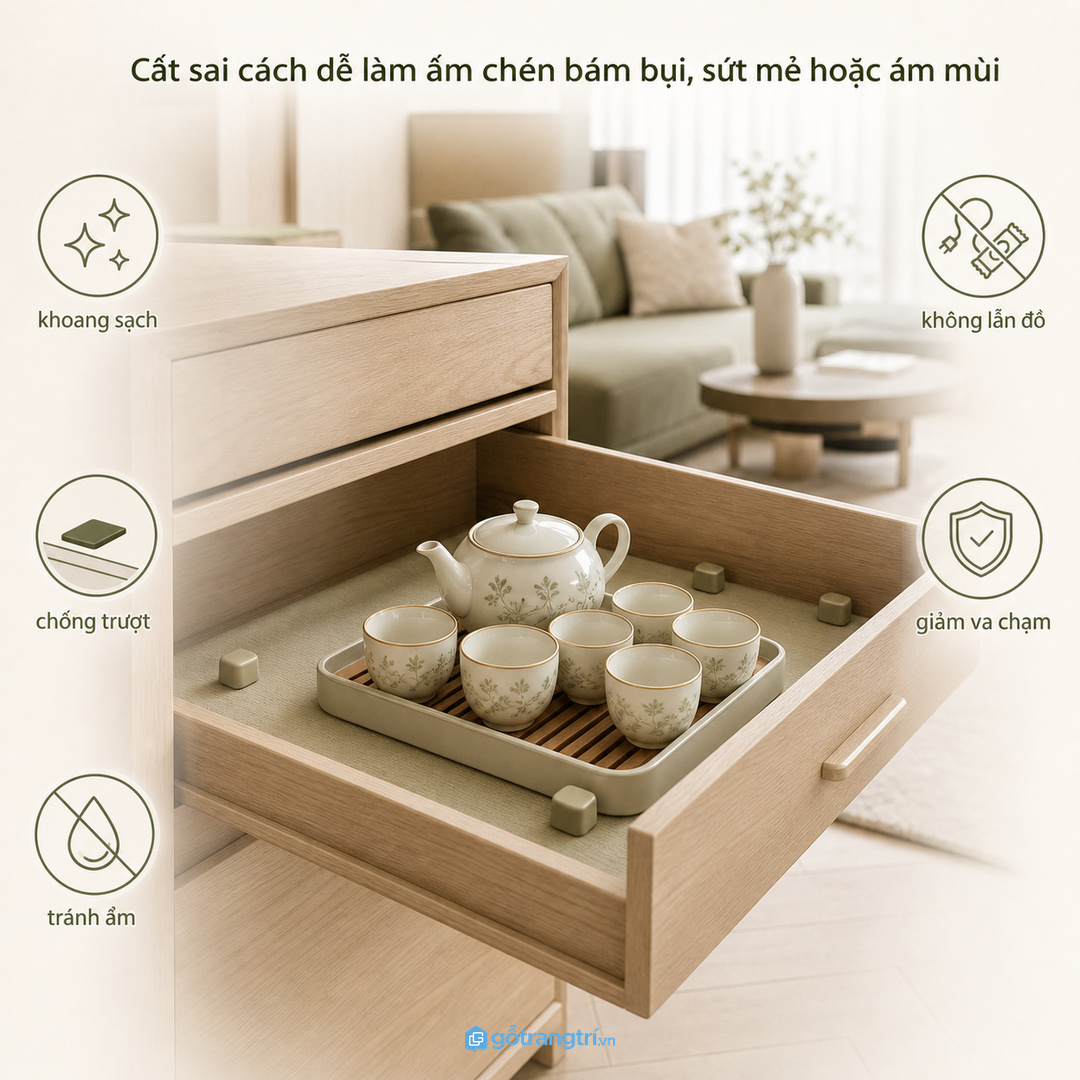 Cất sai cách dễ làm ấm chén bám bụi sứt mẻ hoặc ám mùi