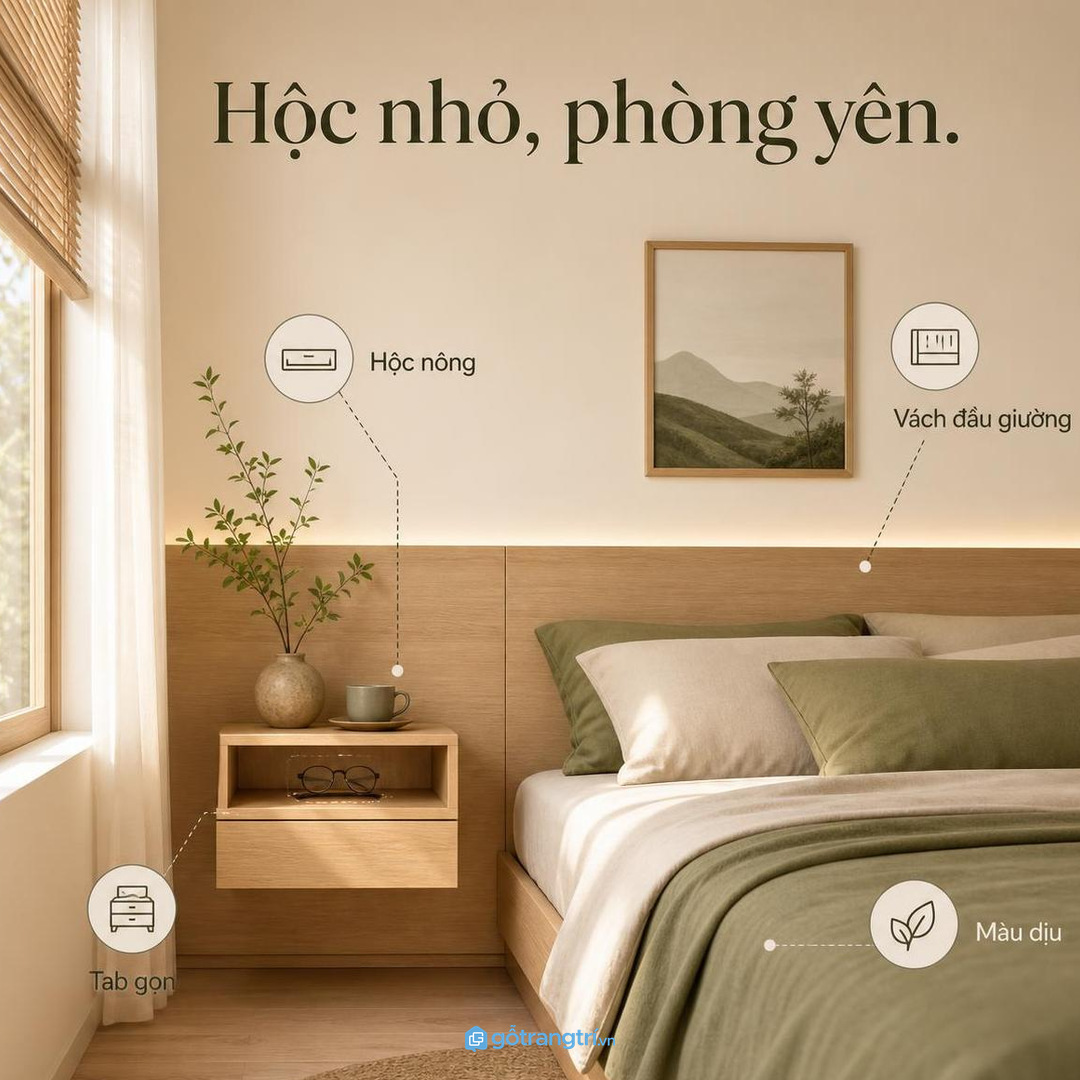 Hộc kính nhỏ giúp đầu giường yên hơn mà không cần thêm tủ lớn