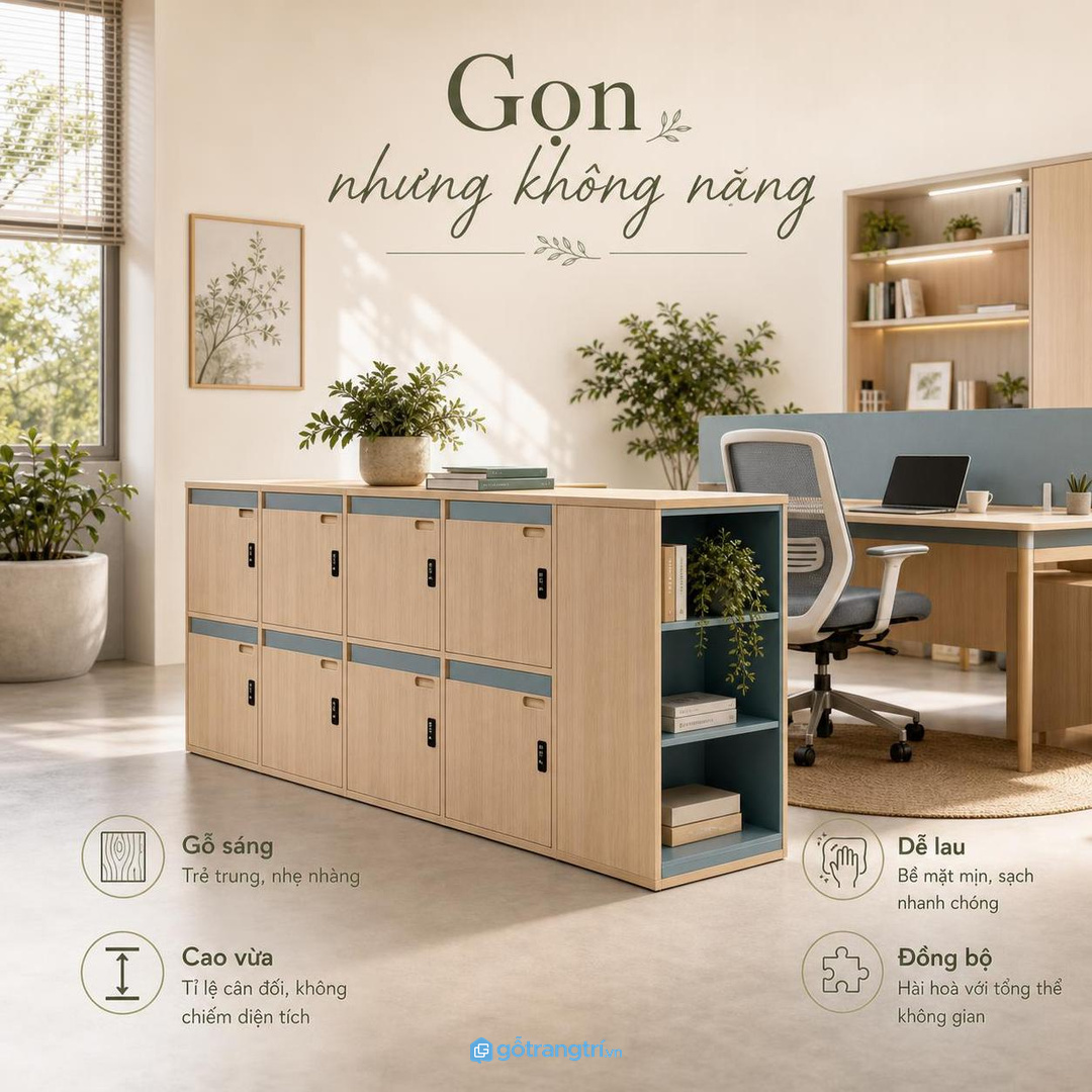 Tủ locker màu gỗ sáng phối xanh giúp không gian gọn mà không bị nặng