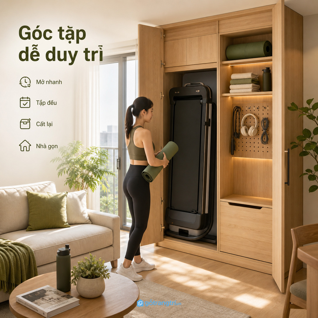 Góc tập cần thoáng khí, dễ kéo máy ra và không chắn cửa logia