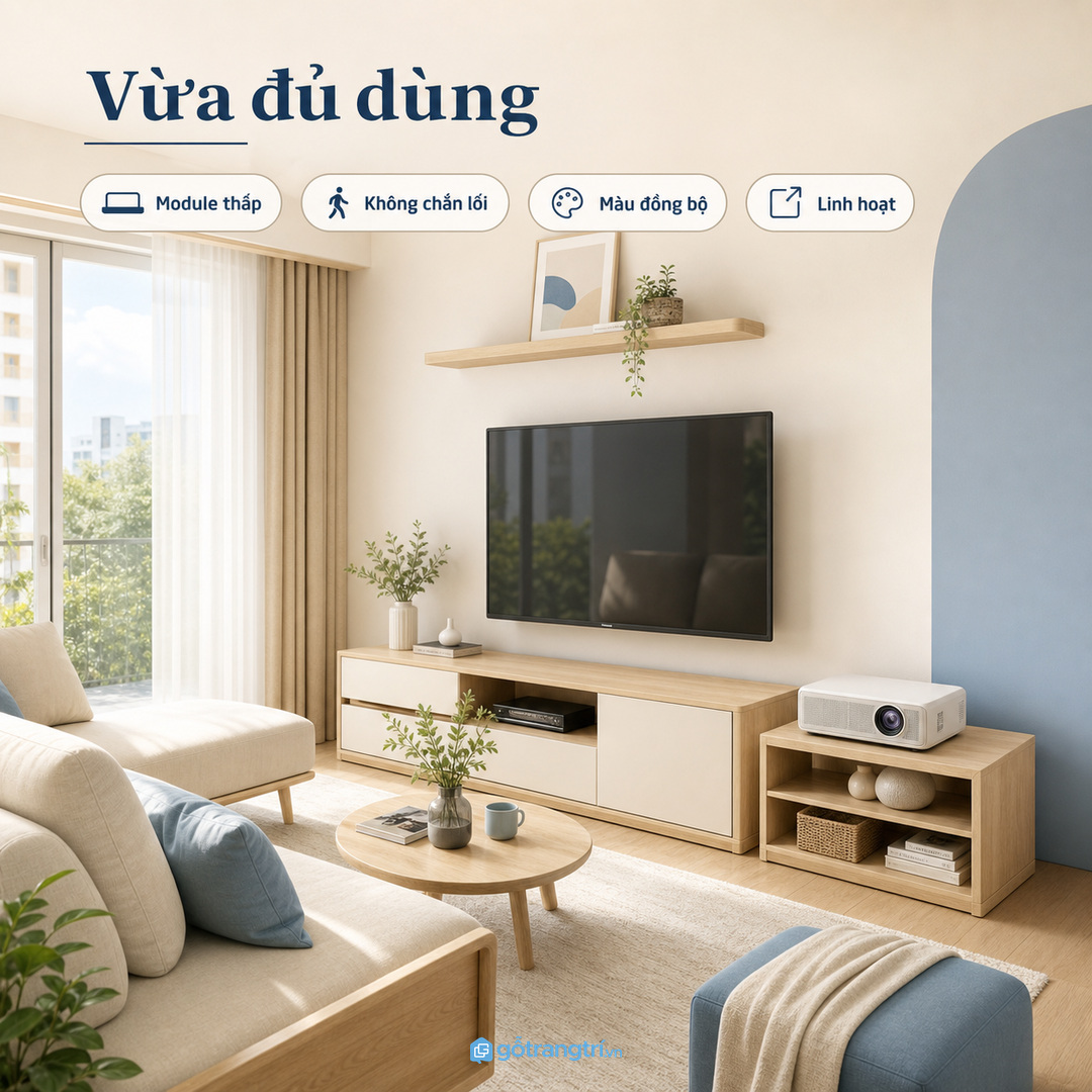 Phòng khách nhỏ không cần tủ máy chiếu quá lớn