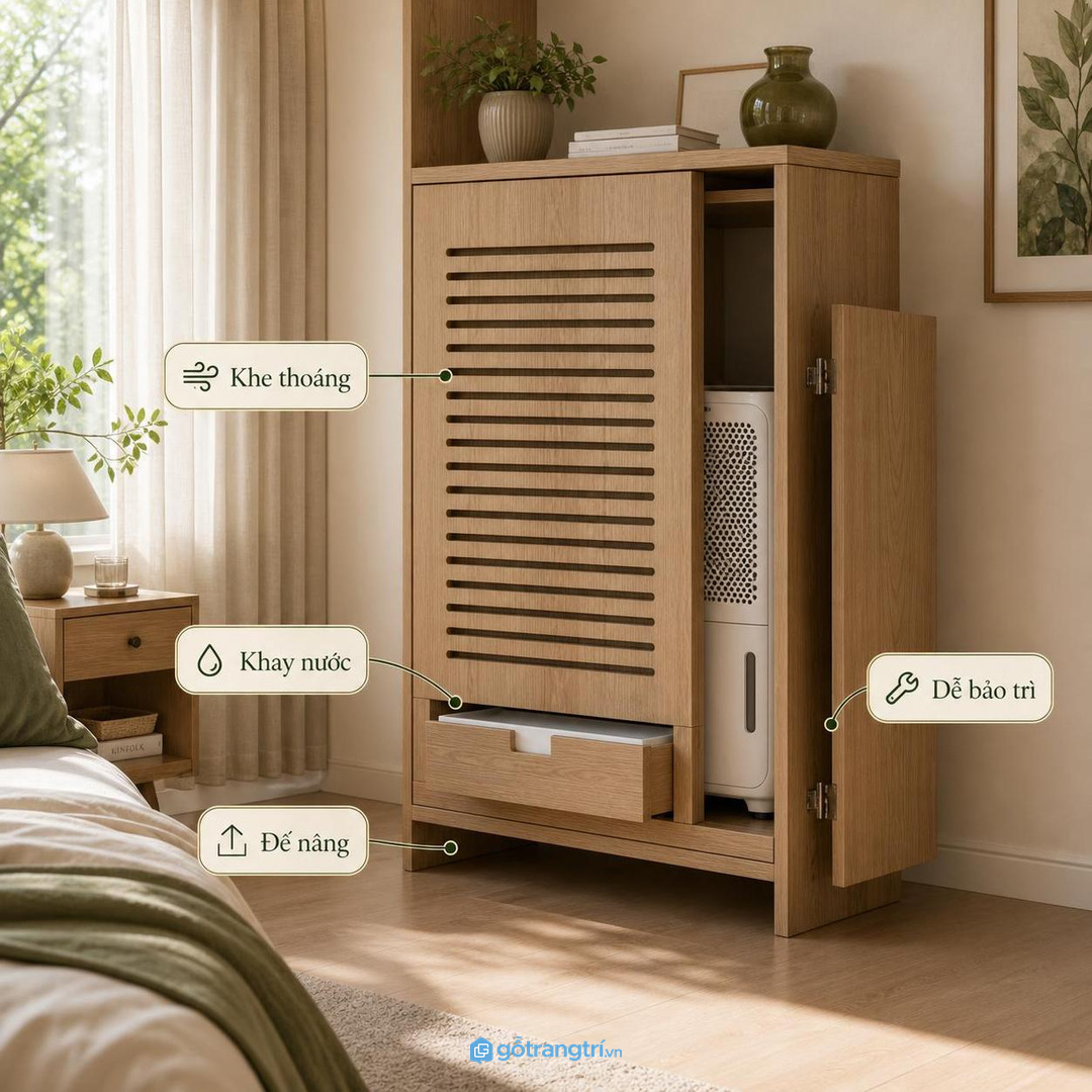 Tủ máy hút ẩm cần khe thoáng, khay nước dễ lấy và lối bảo trì rõ ràng