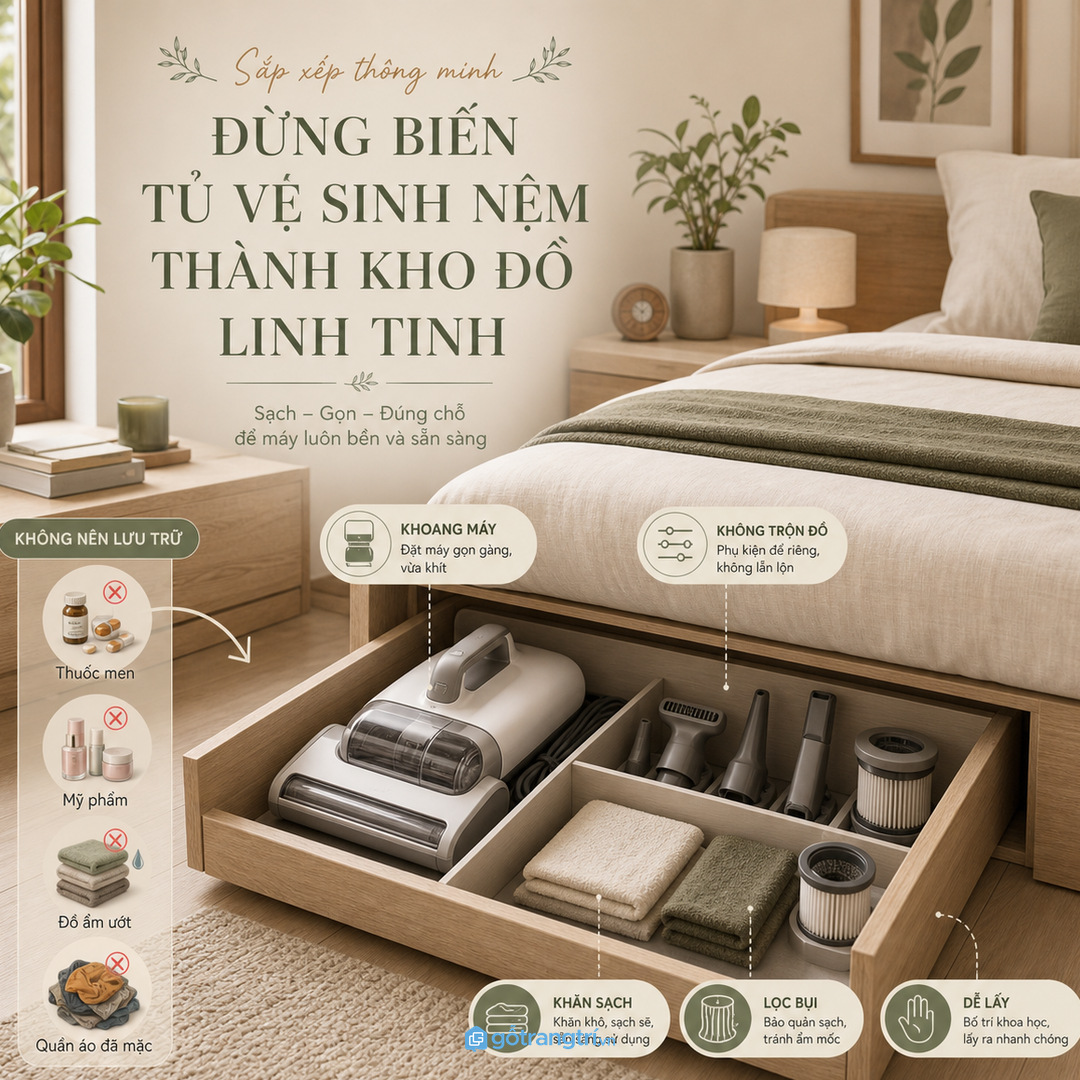 Tủ vệ sinh nệm không nên trộn với mỹ phẩm thuốc hoặc đồ ẩm