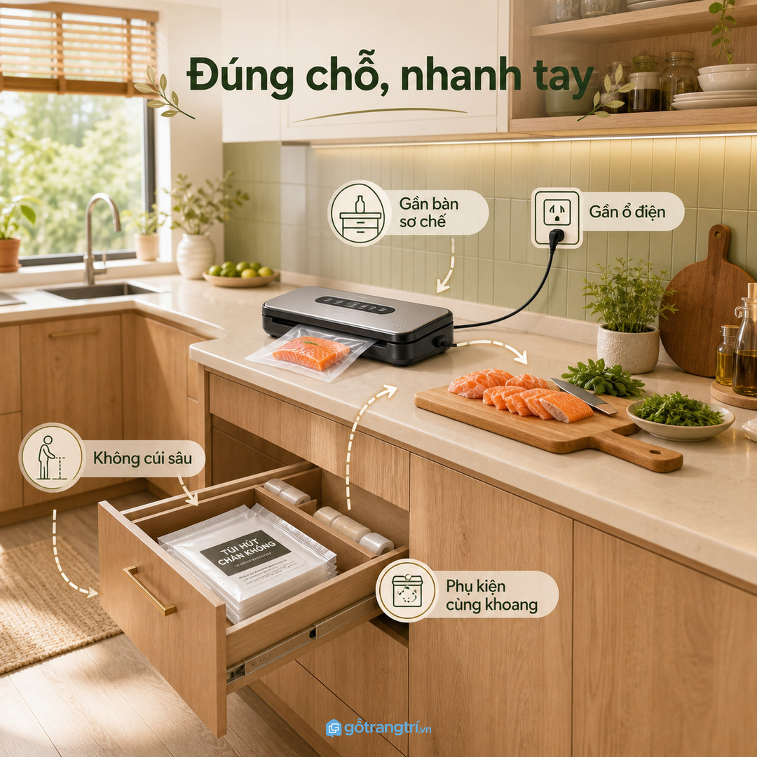 Cất máy đúng vị trí giúp thao tác sơ chế không bị ngắt quãng