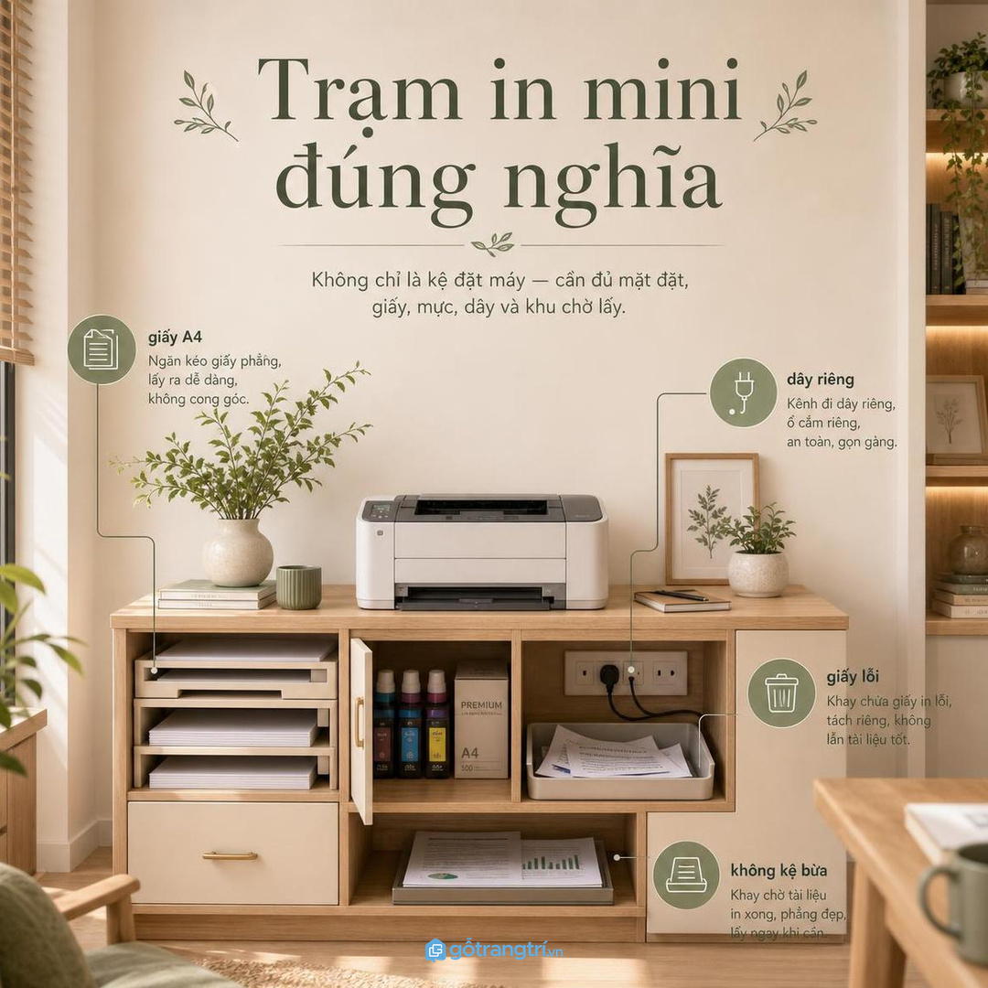 Giấy, mực và dây điện cần tách khoang để dễ lấy đúng món