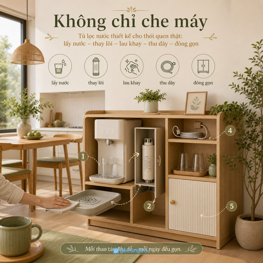 Tủ đúng công năng phải hỗ trợ lấy nước thay lõi lau khay thu dây và đóng gọn