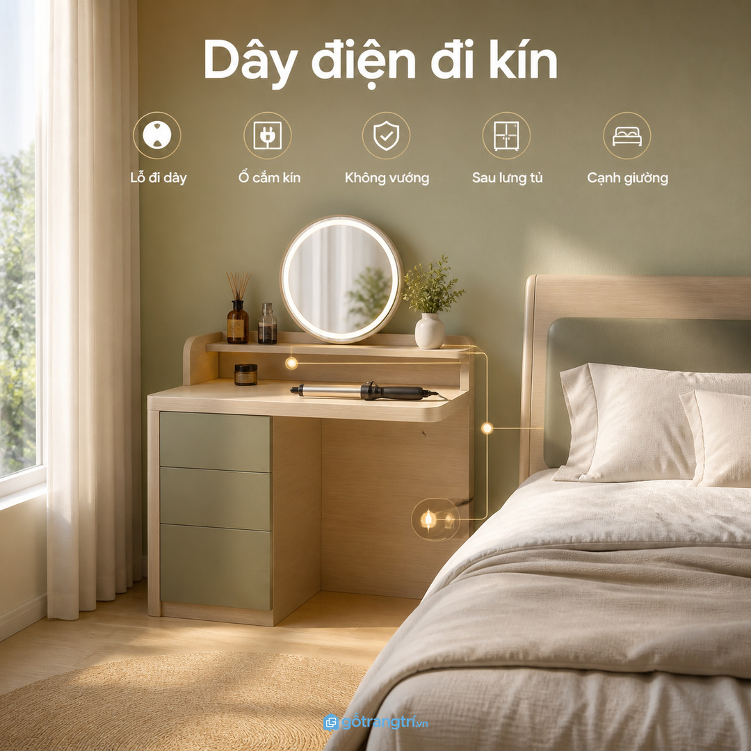 Dây điện gần giường cần được xử lý gọn và an toàn