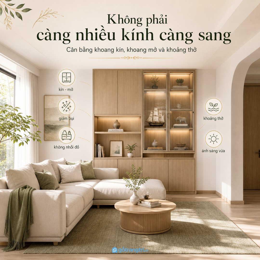 Tủ trưng bày không phải càng nhiều kính càng sang