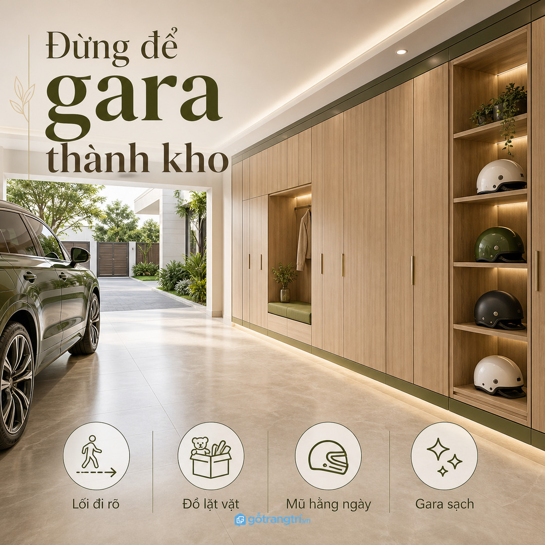 Tủ gara đẹp không phải là nhét nhiều đồ mà là giữ lối đi rõ ràng
