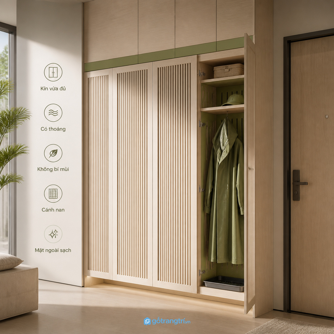 Tủ lối vào cần kín vừa đủ và có khe thoáng để đồ nhanh khô