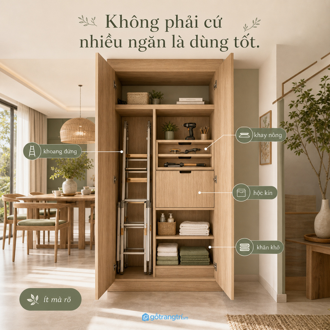 Tủ thang gấp nên ít khoang nhưng rõ vai trò để dùng lâu không bị lẫn đồ