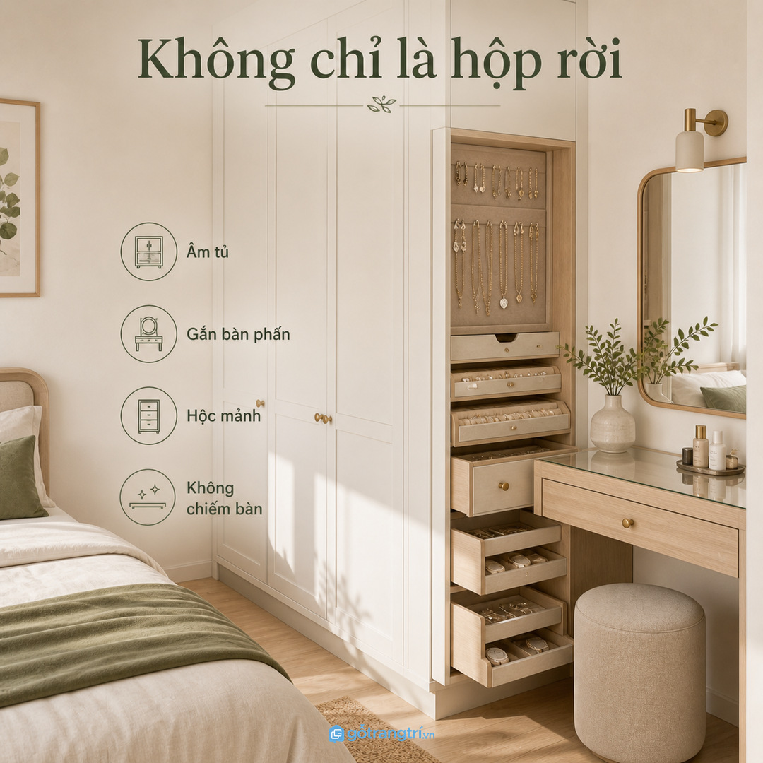 Tủ trang sức may đo gọn hơn nhiều hộp rời đặt trên bàn phấn