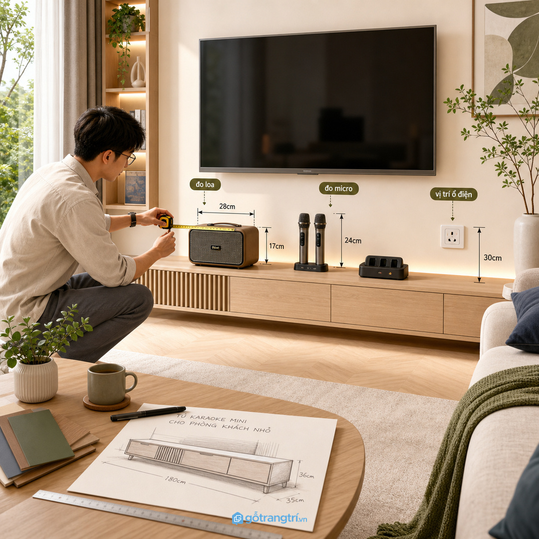 Đo loa, micro, dock sạc và ổ điện trước khi đặt làm tủ