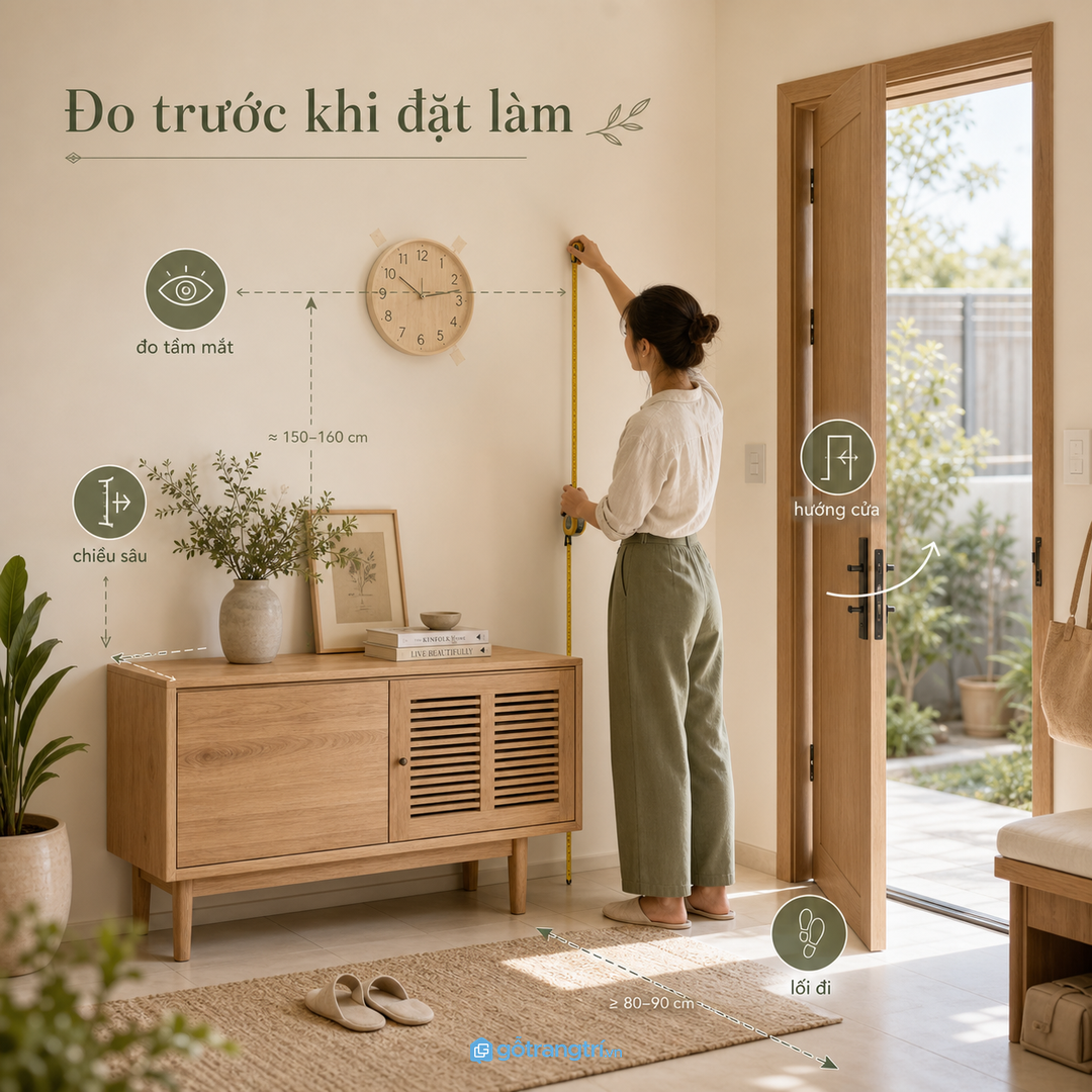 Đo tầm mắt, chiều sâu kệ và hướng mở cửa trước khi đặt làm