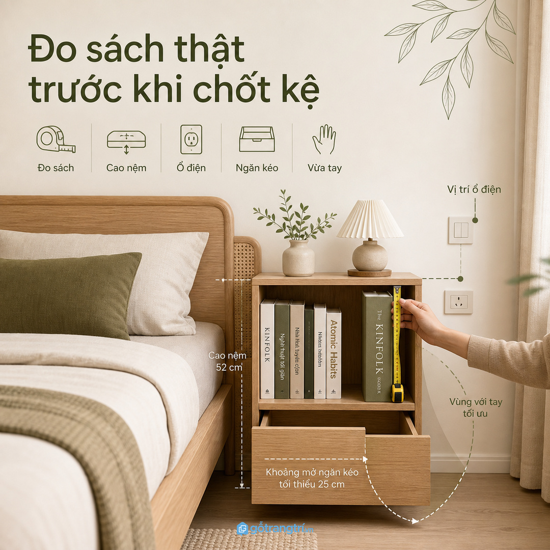 Đo chiều cao giường và tầm với trước khi chốt kệ sách