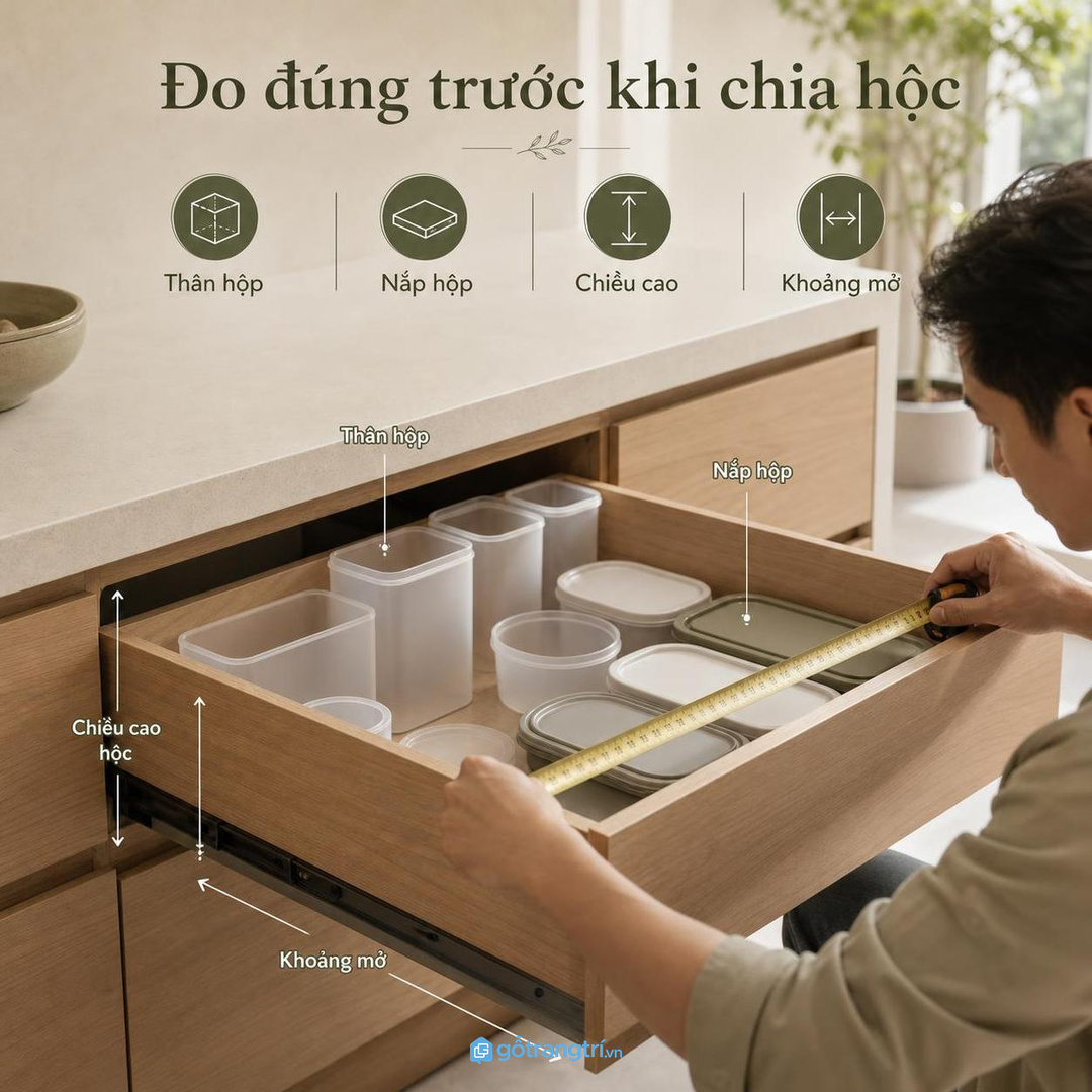 Đo thân hộp, nắp và chiều cao hộc trước khi chia ngăn kéo