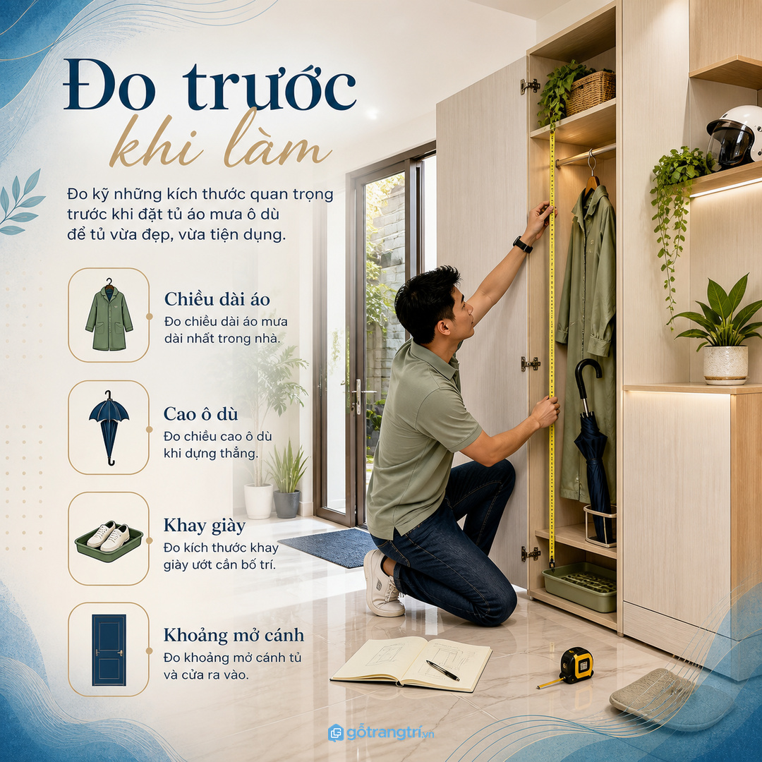 Đo áo mưa, ô dù, khay giày và khoảng mở cánh trước khi đặt làm
